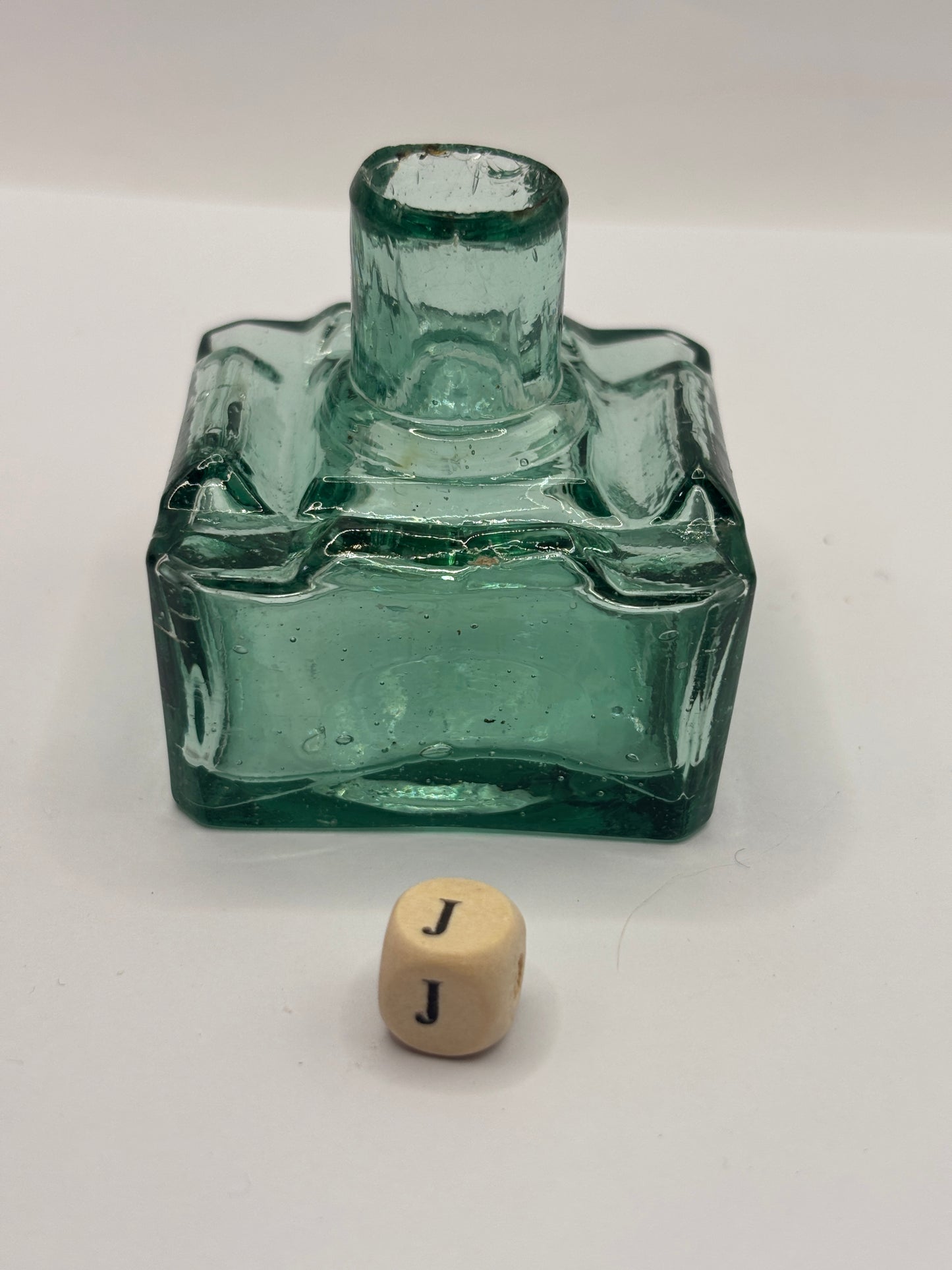 Old aqua glass inkwell, ink bottle (J)