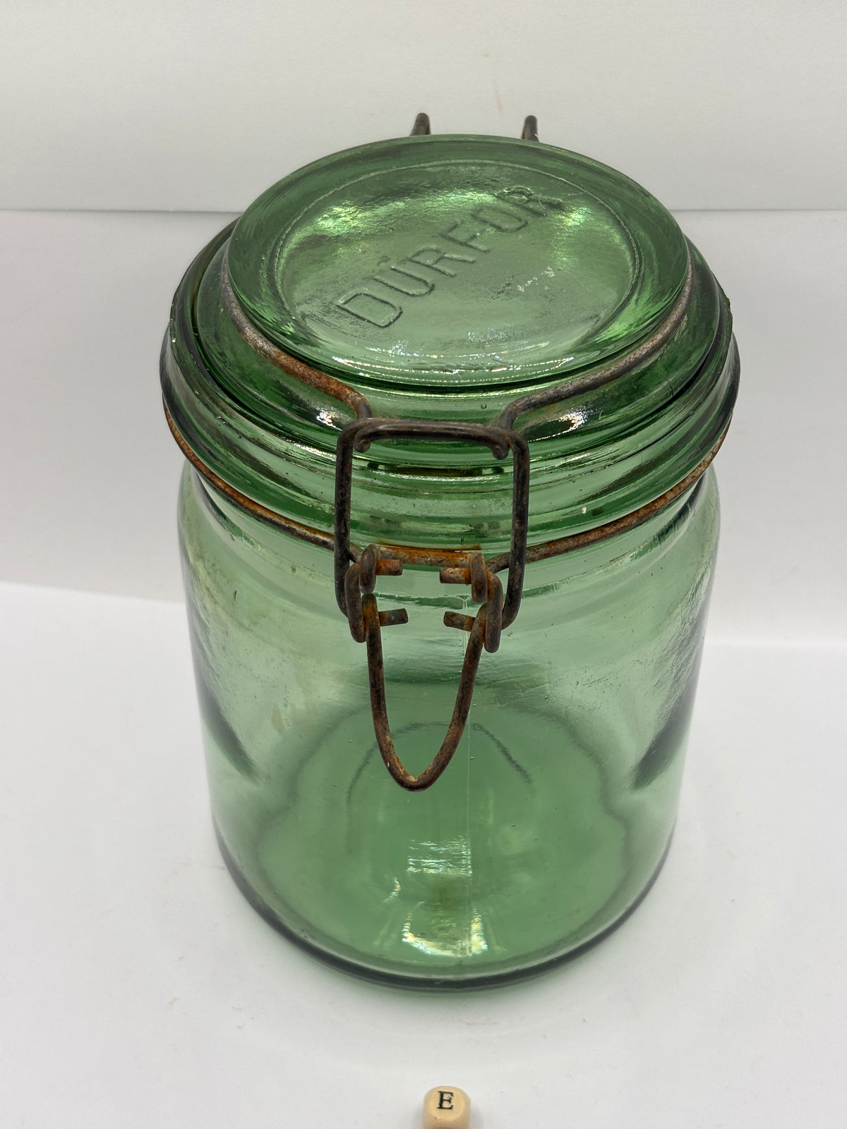 Old French green glass canning jar, Durford (E)