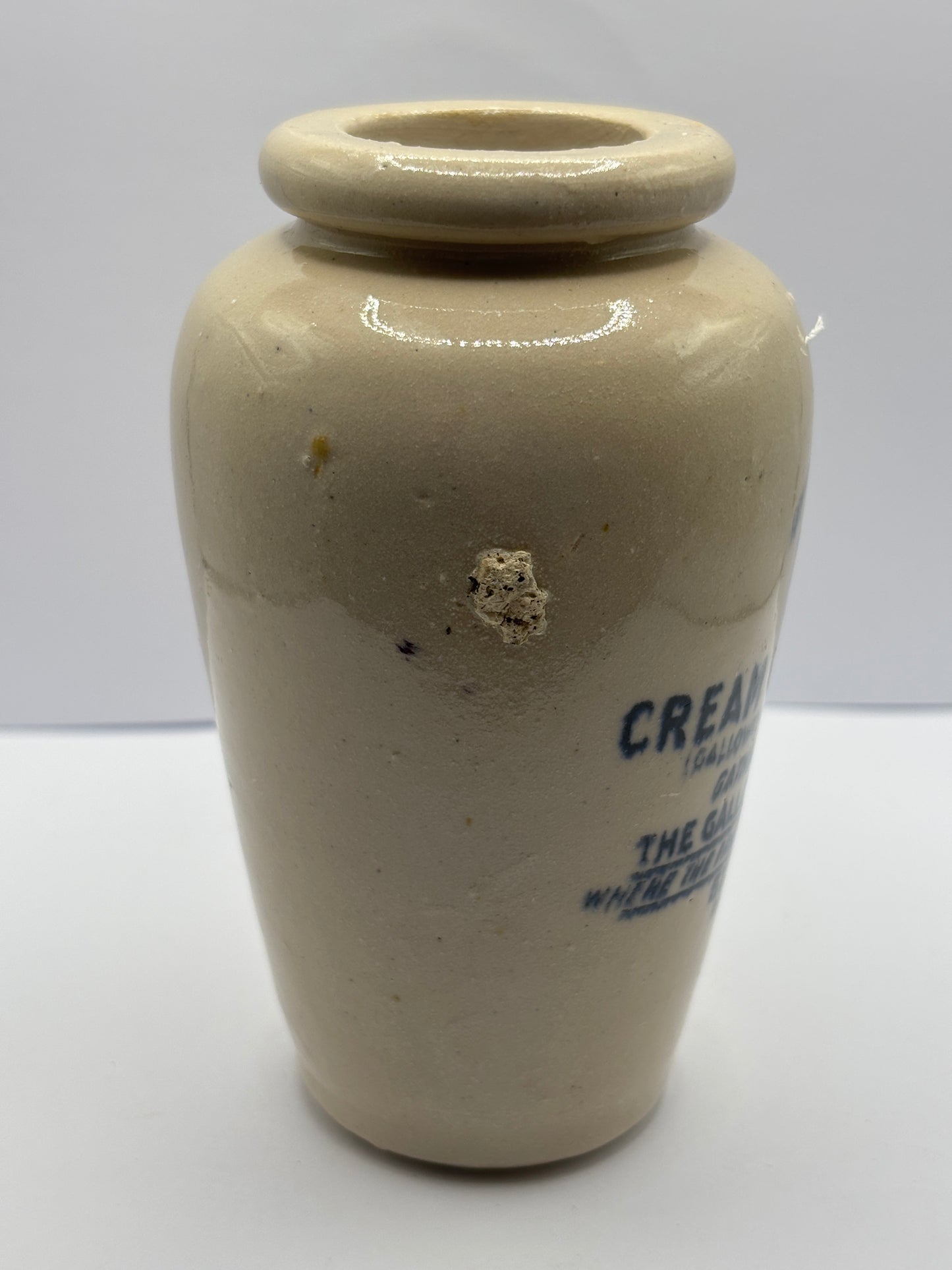 Old advertising stoneware cream pot, The Galloway creamery Stranraer