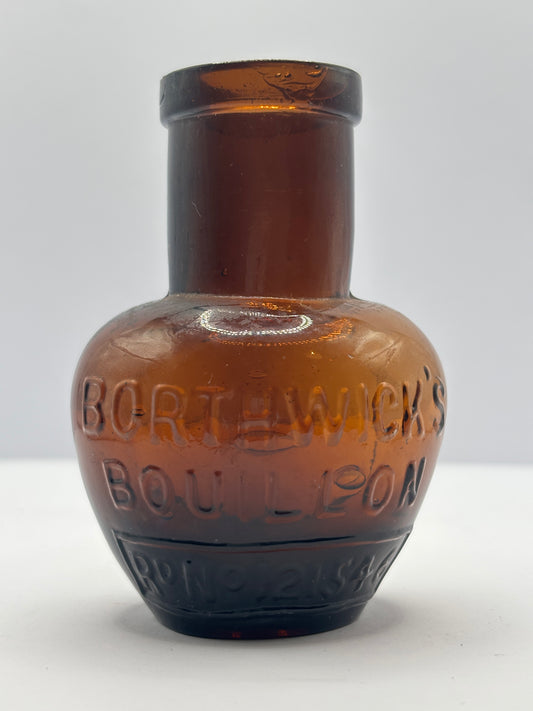 Old amber glass advertising Bouillon bottle, Borthwicks