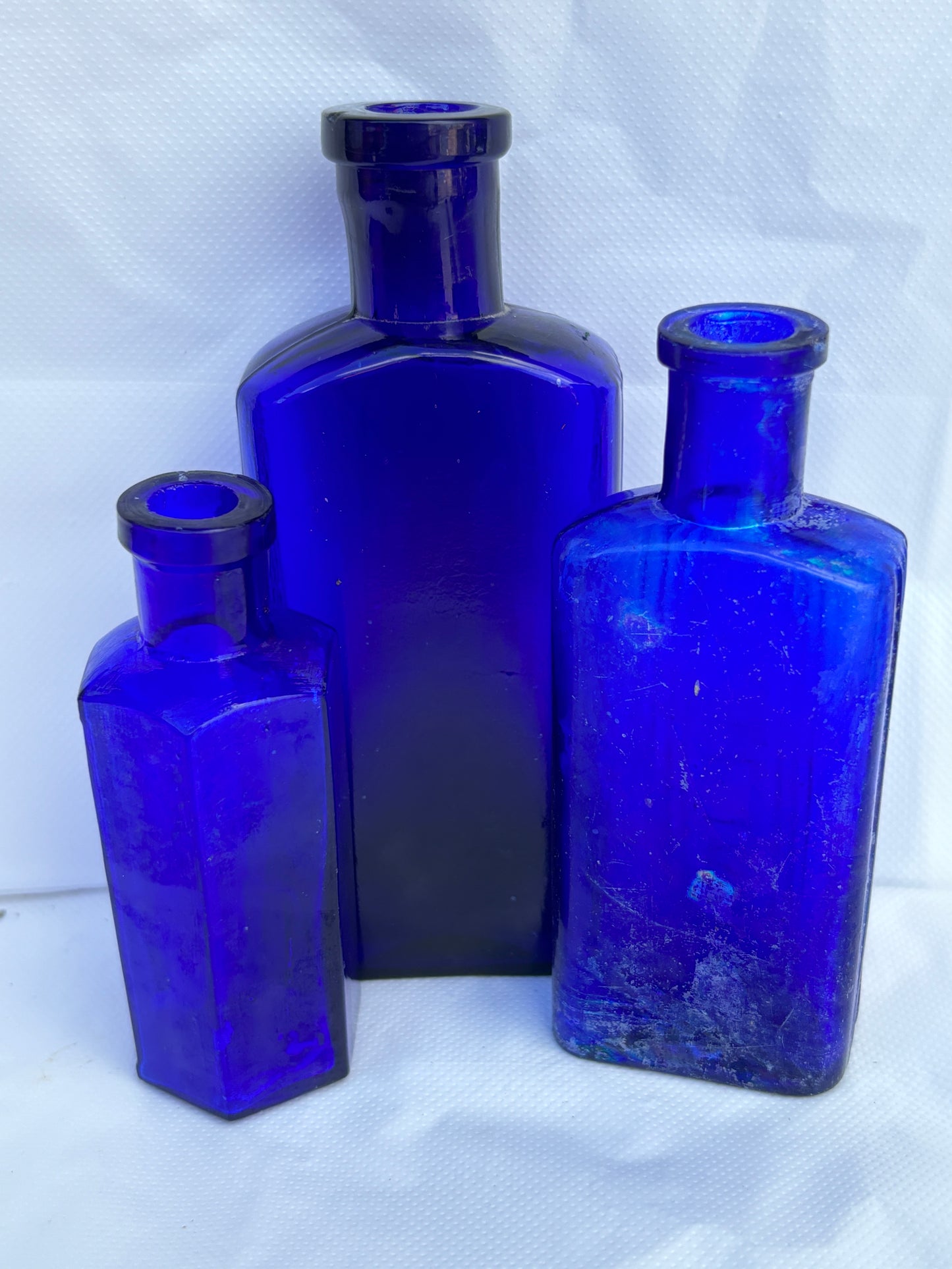 3 blue ribbed poison bottles, Not to be taken. Halloween decor