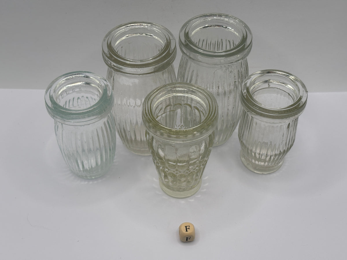 5 old clear glass meat paste jars (F)