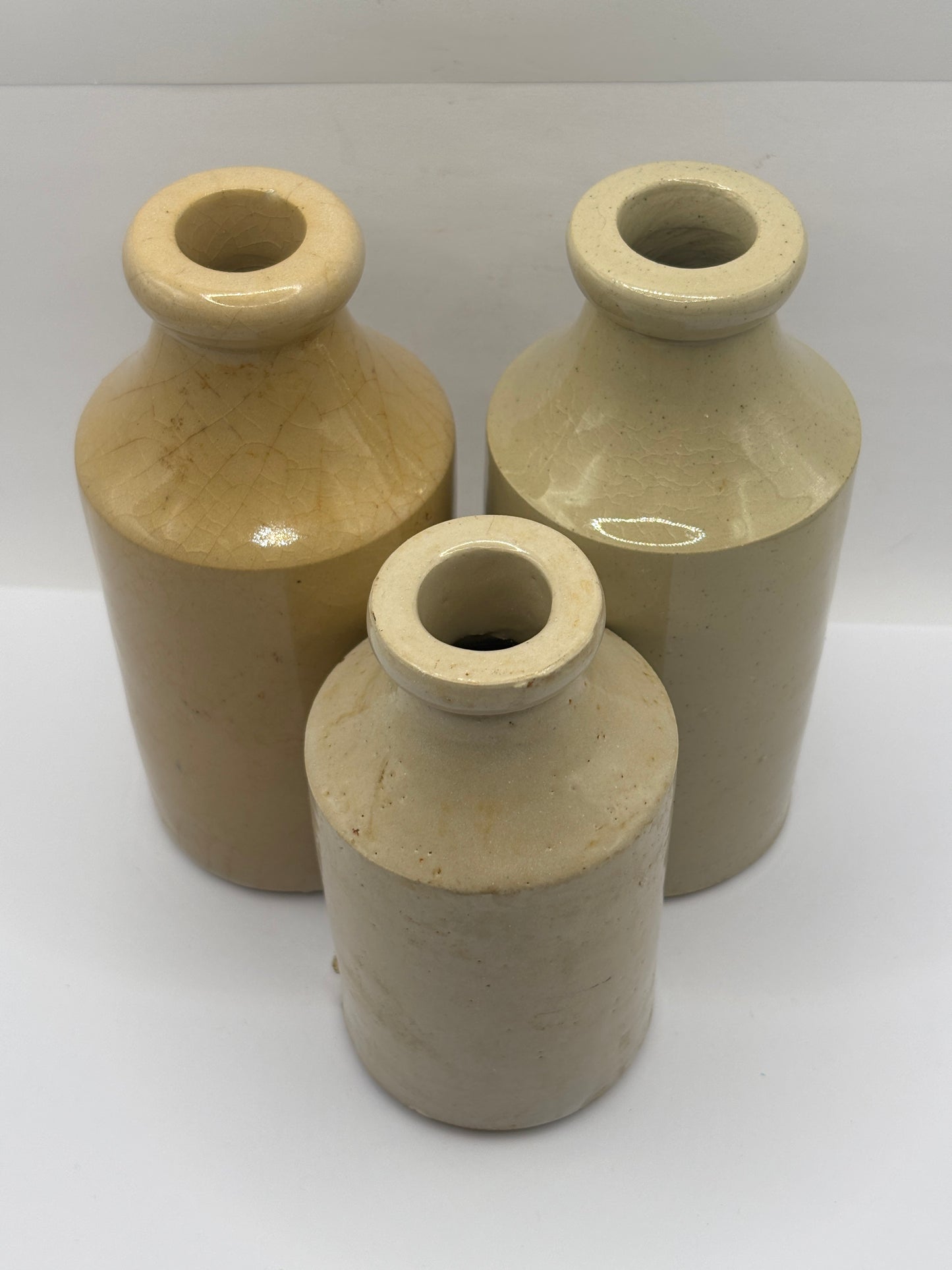 3 old stoneware furniture cream pots