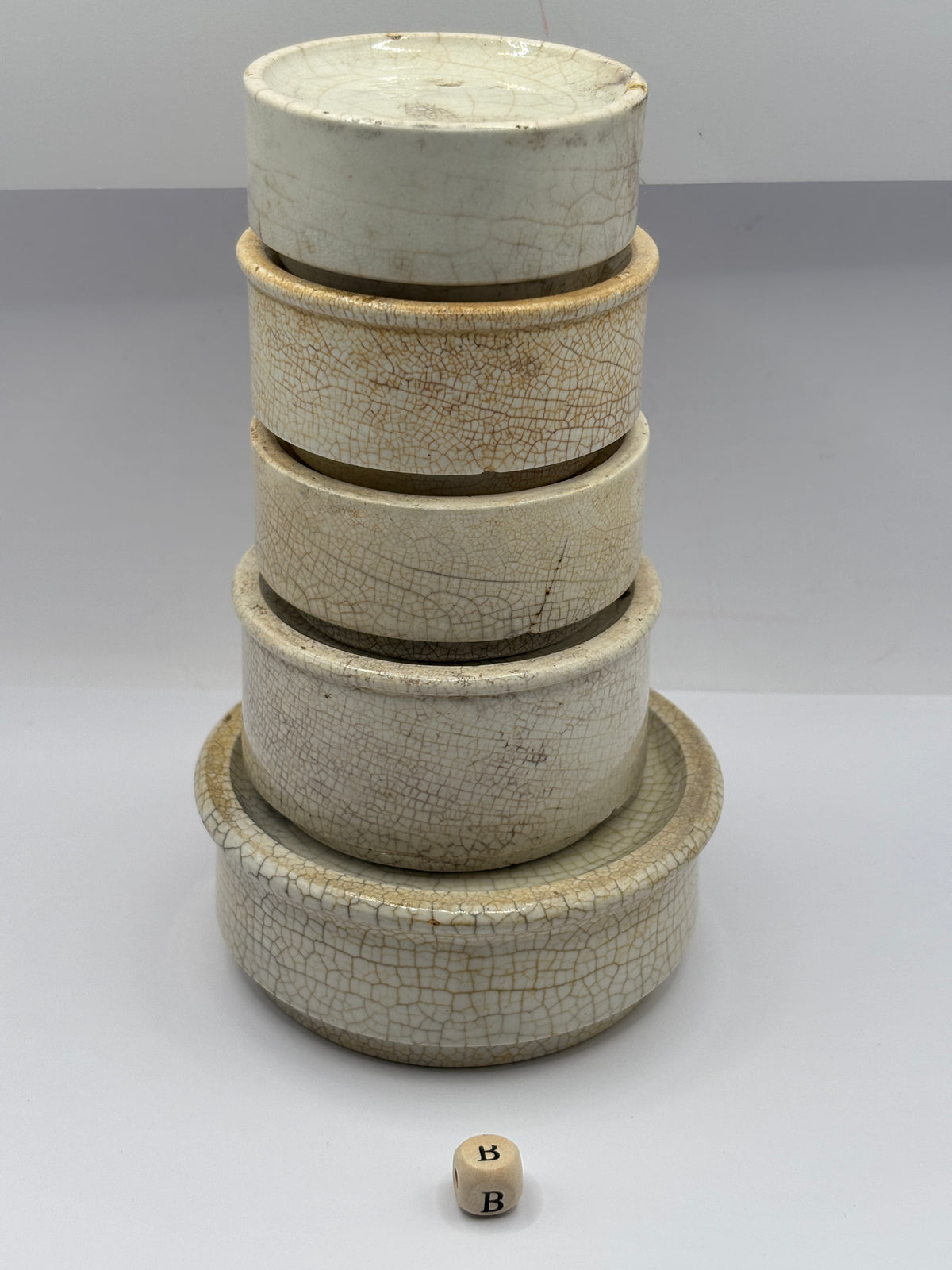 5 old stoneware pot lid bases, stackers (B)