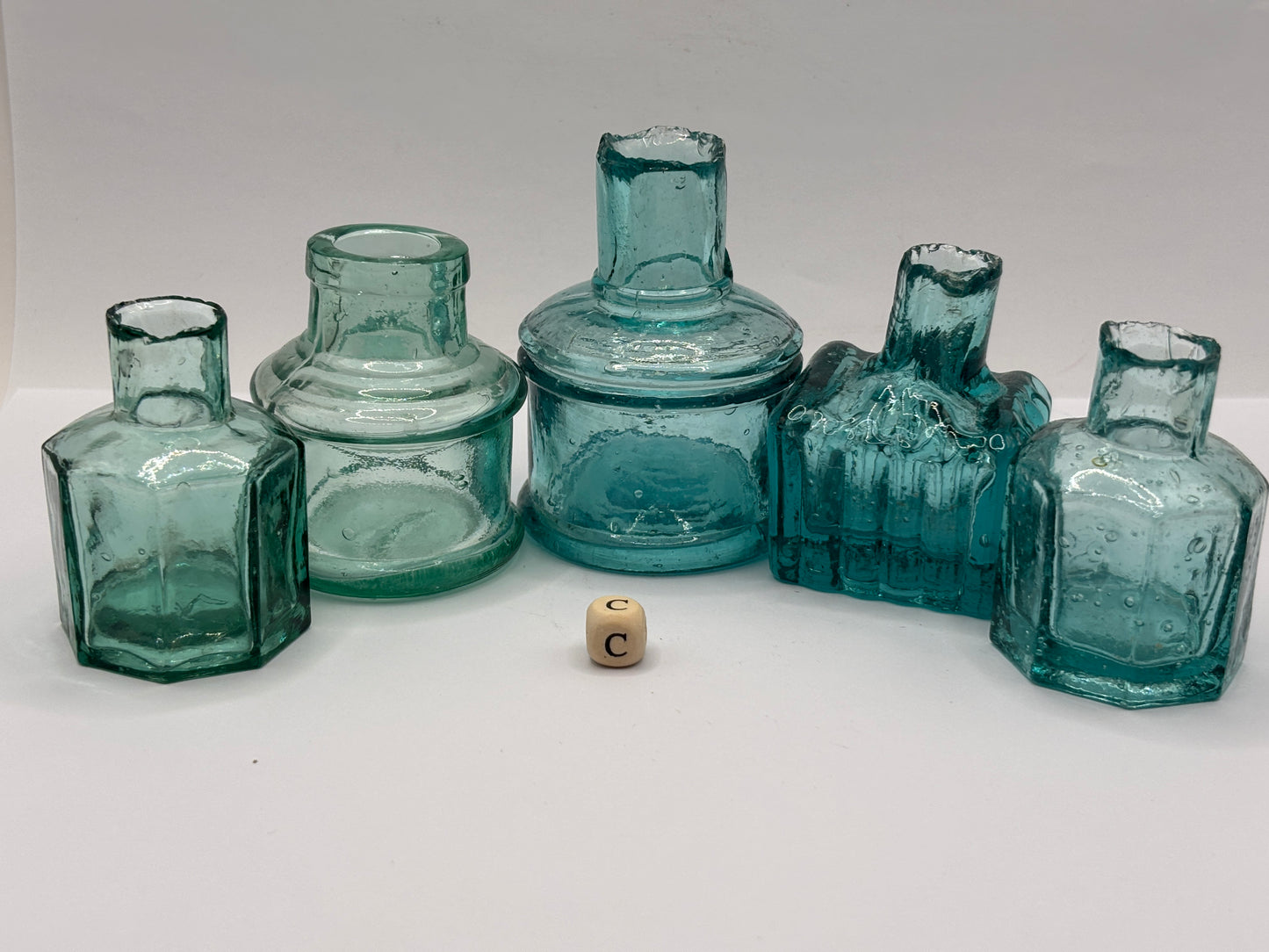 5 old glass inks, inkwells, ink bottles (c)