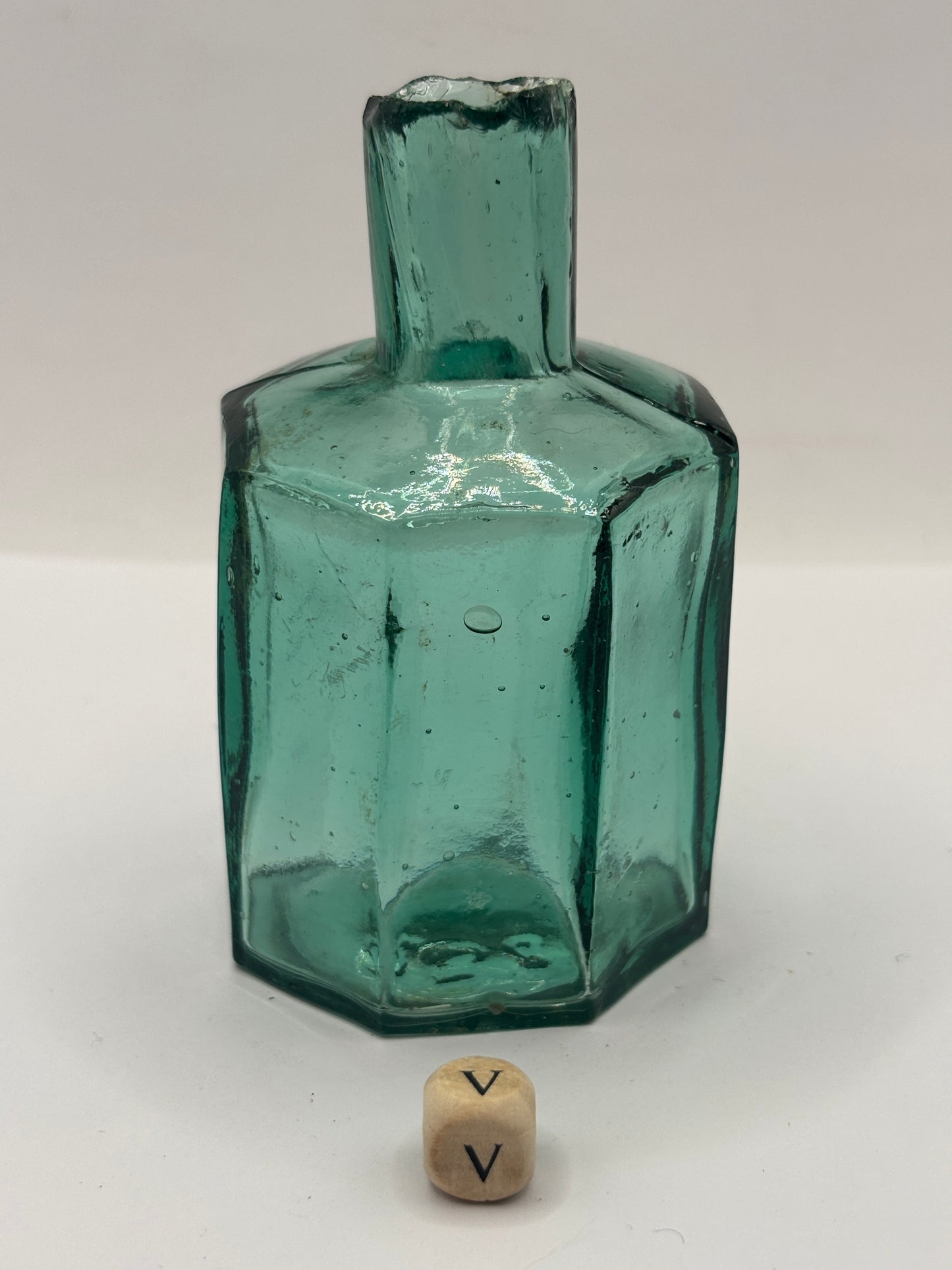 Old large dark aqua glass inkwell, ink bottle (V)