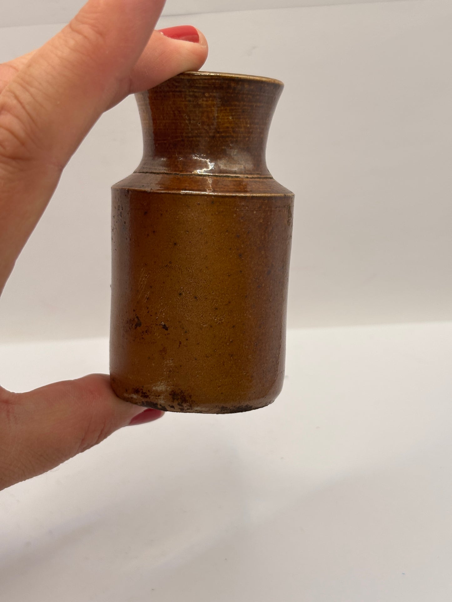 Old mini brown stoneware blacking pot