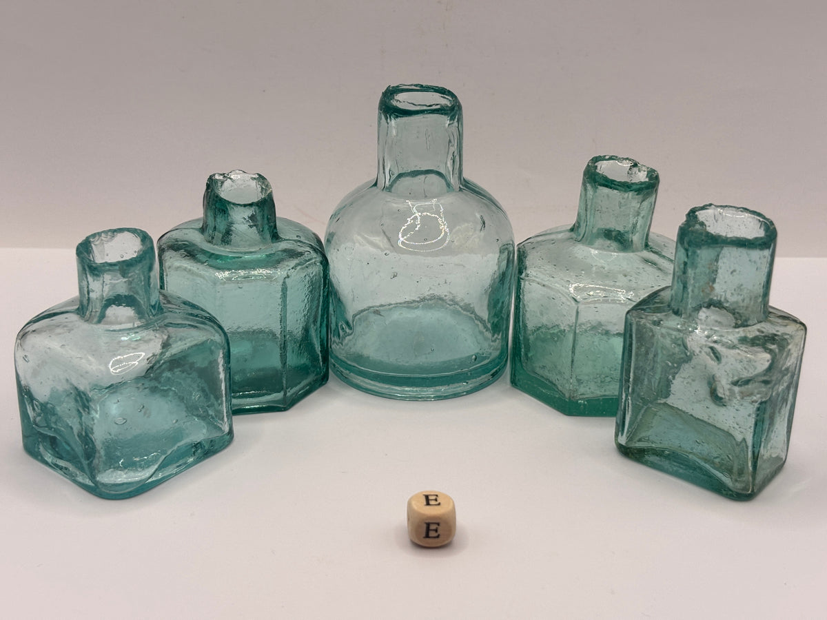 5 old aqua glass inks, inkwells, ink bottles, penny ink (e)