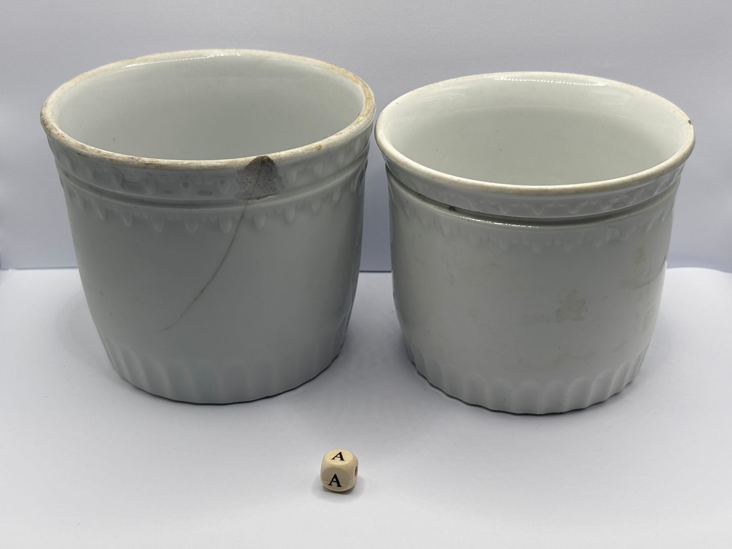 2 Old belgian stoneware jam/ preserve pots damaged (A)