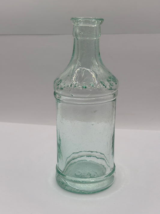 Old tall aqua glass pouring ink. Cochrans liverpool, ink bottle