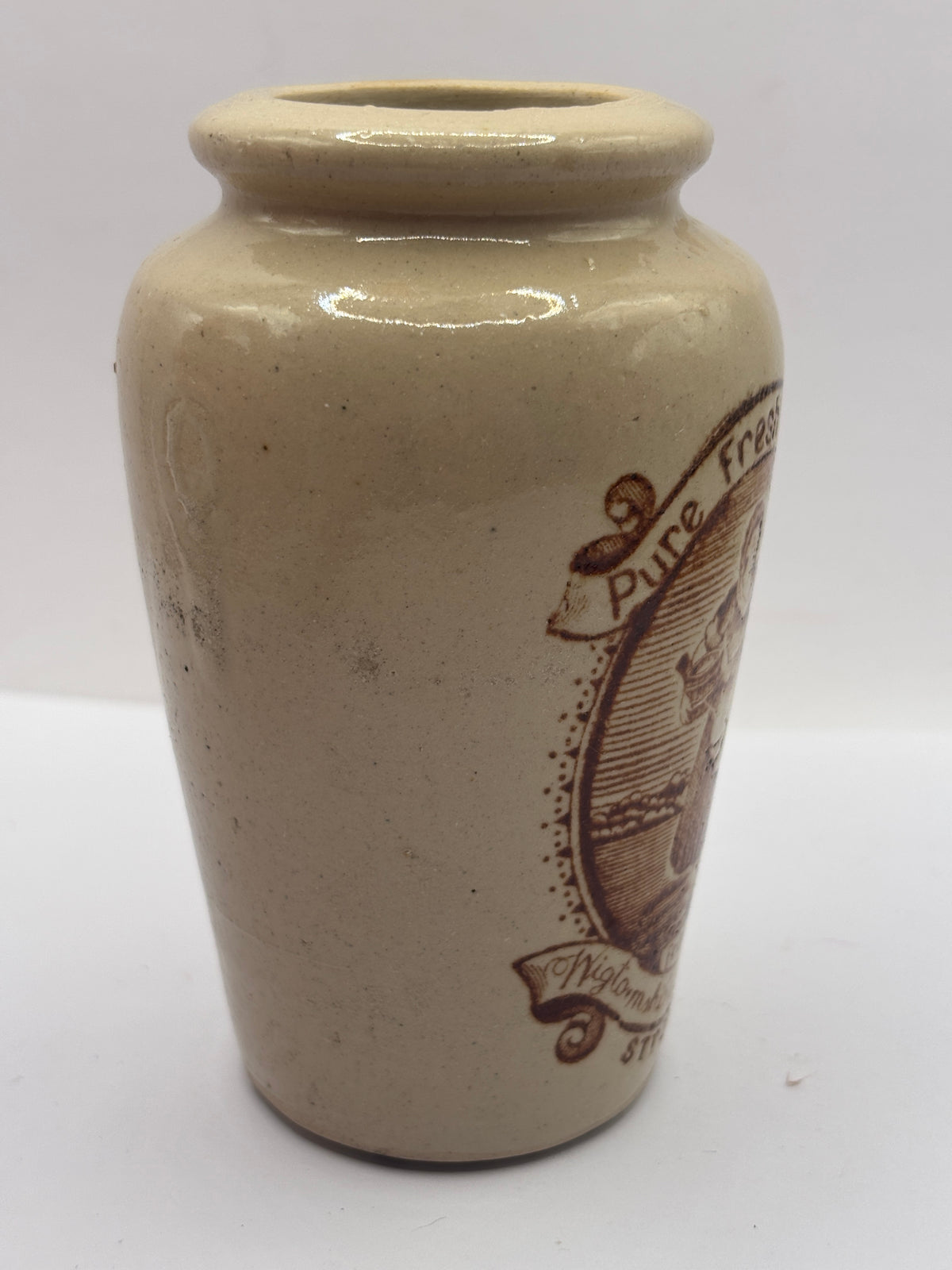Old advertising cream pot, rich preserved cream stranraer, milkmaid. Serpia print