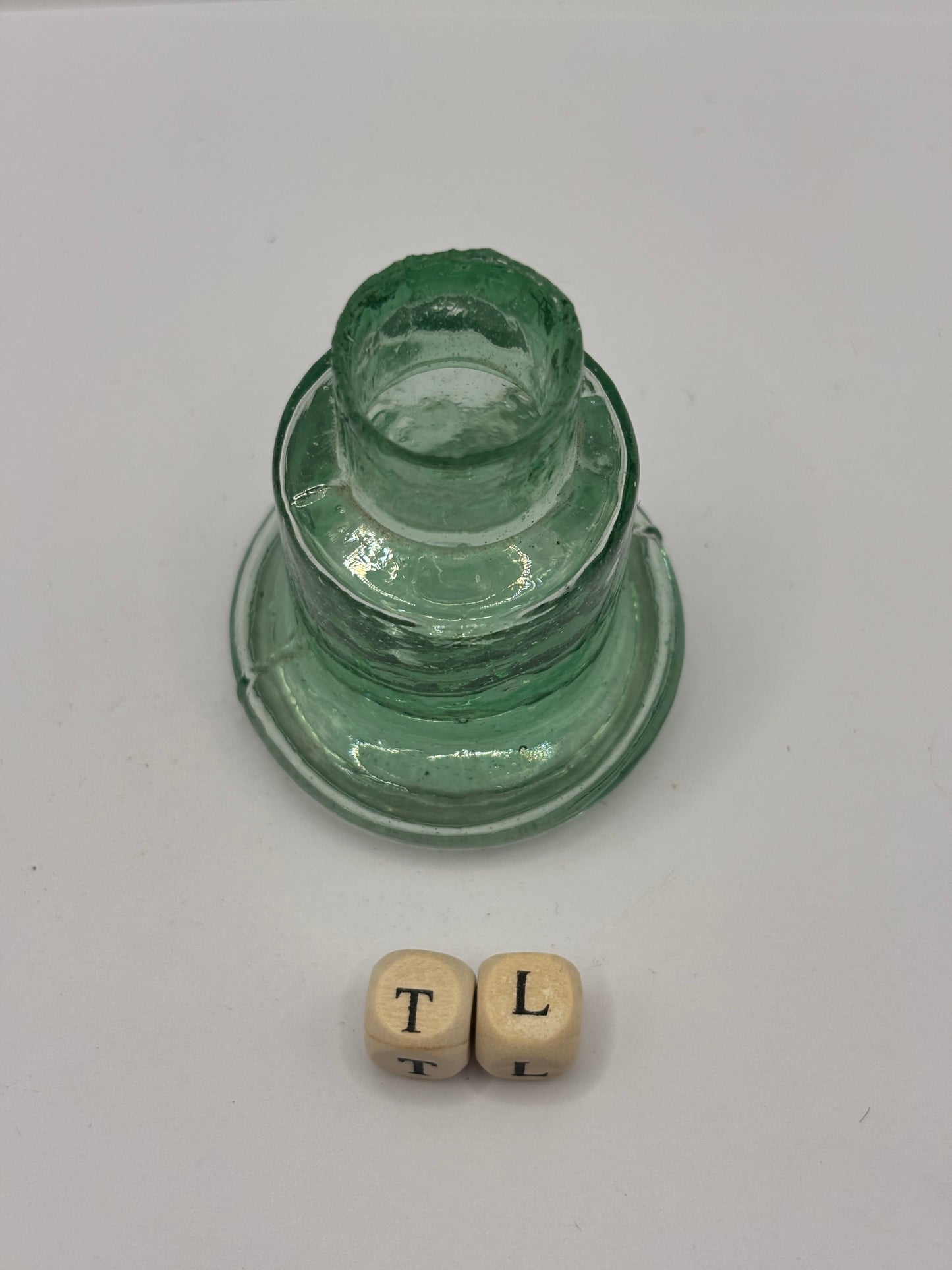 Old aqua glass inkwell, Bell ink (TL)