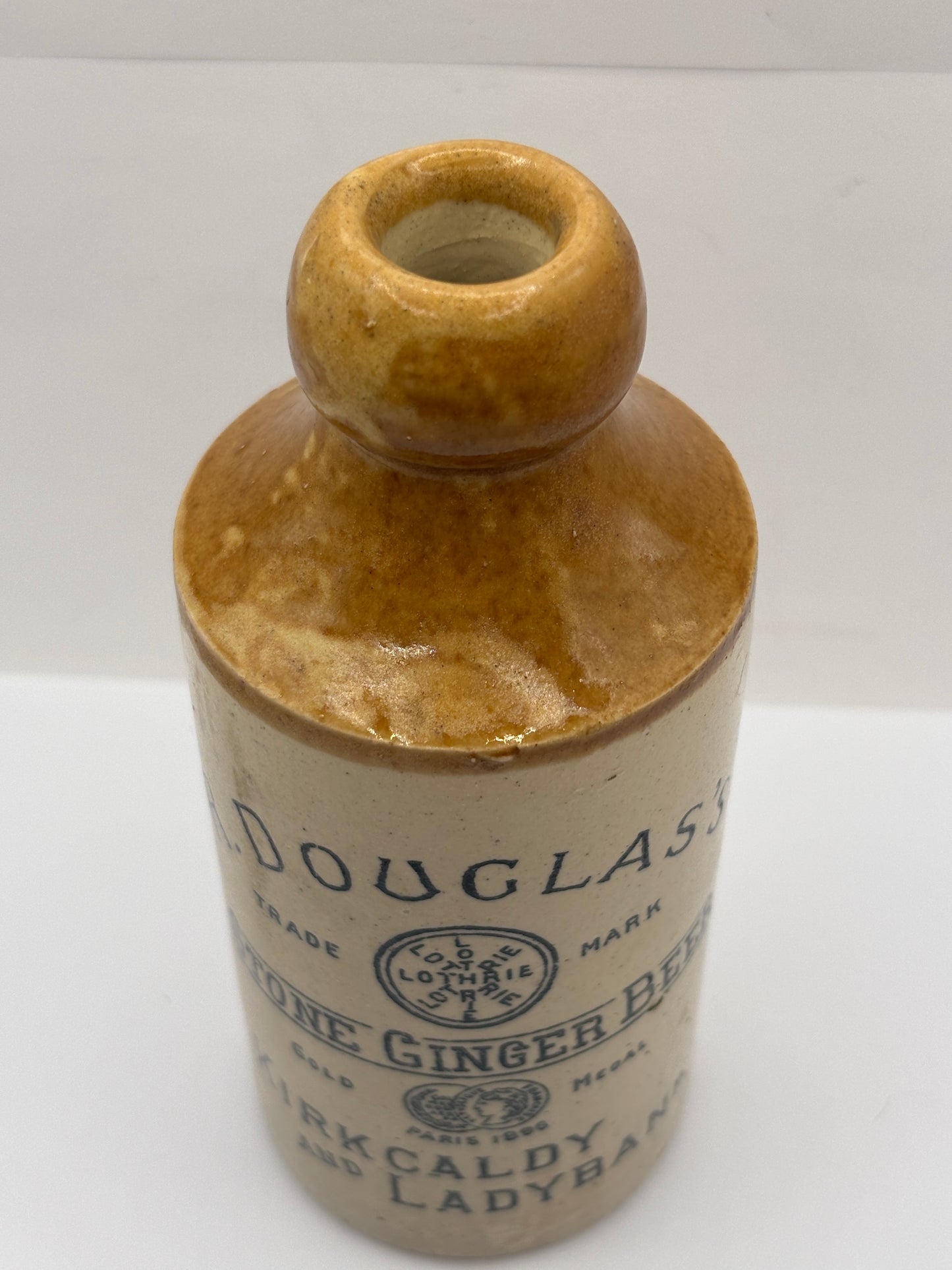 Old stoneware ginger beer bottle, R Douglas’s Kirkcaldy & Ladybank