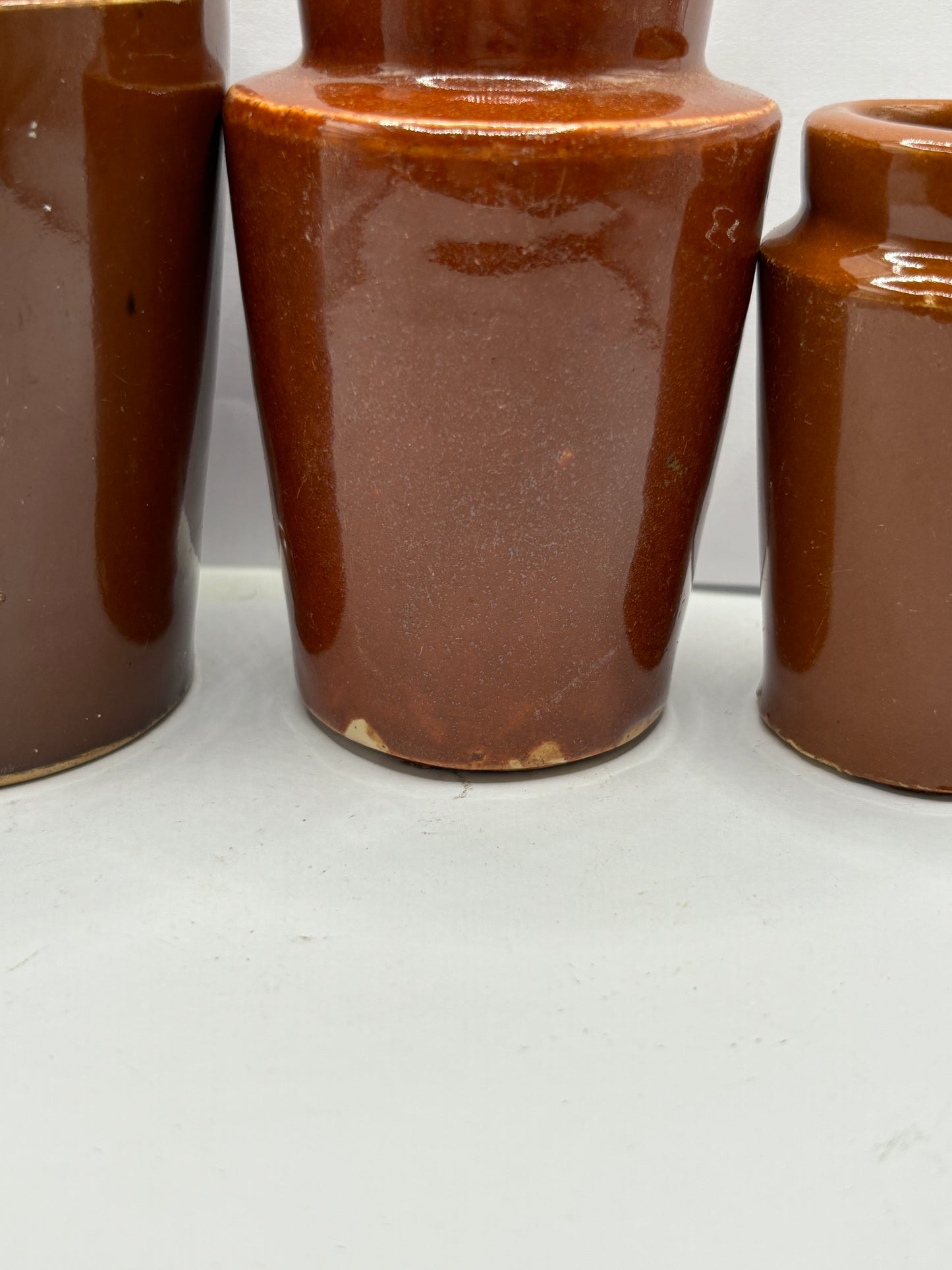 3 old brown stoneware cream pots, creamers