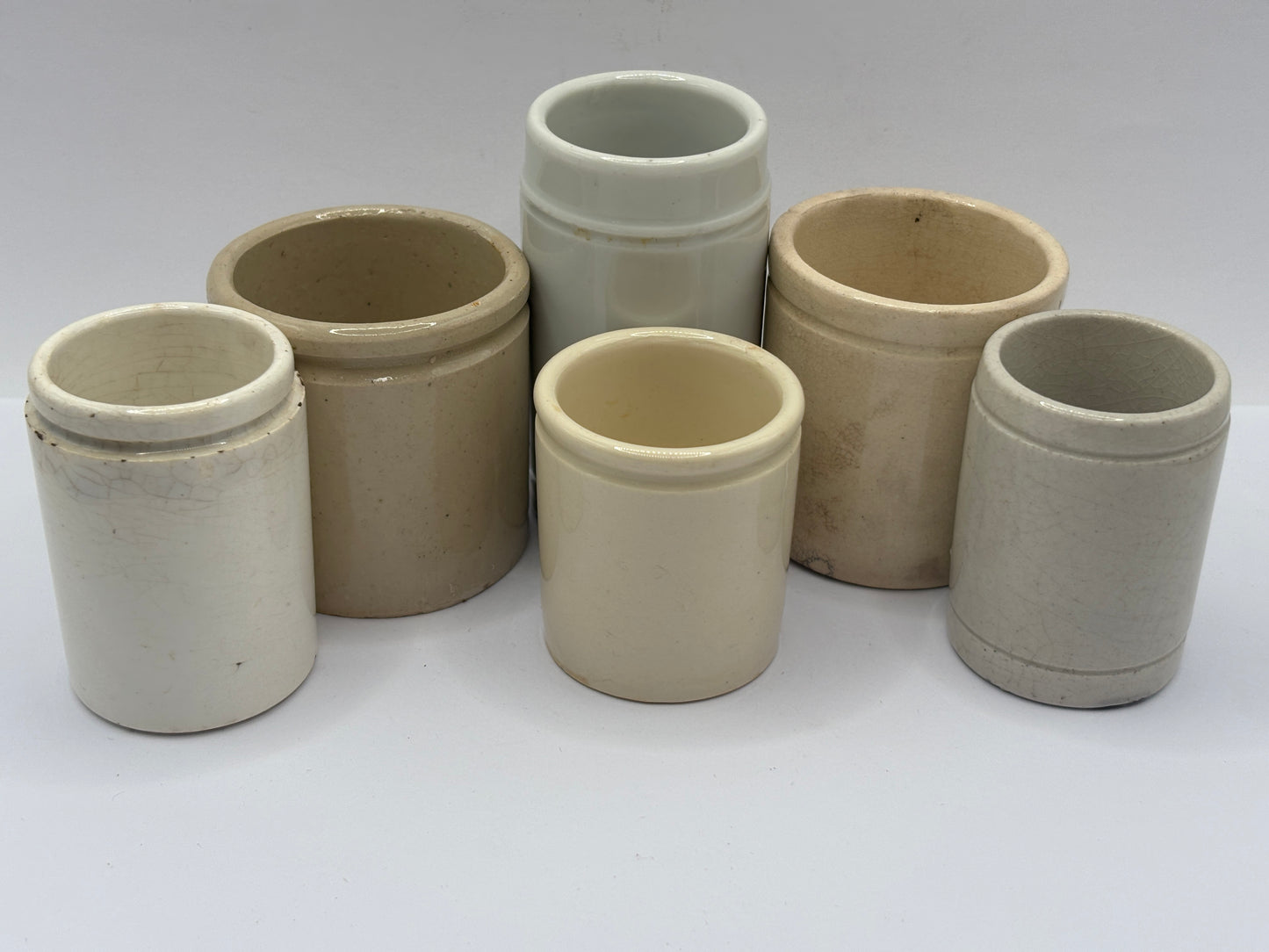6 old small stoneware jars & pots