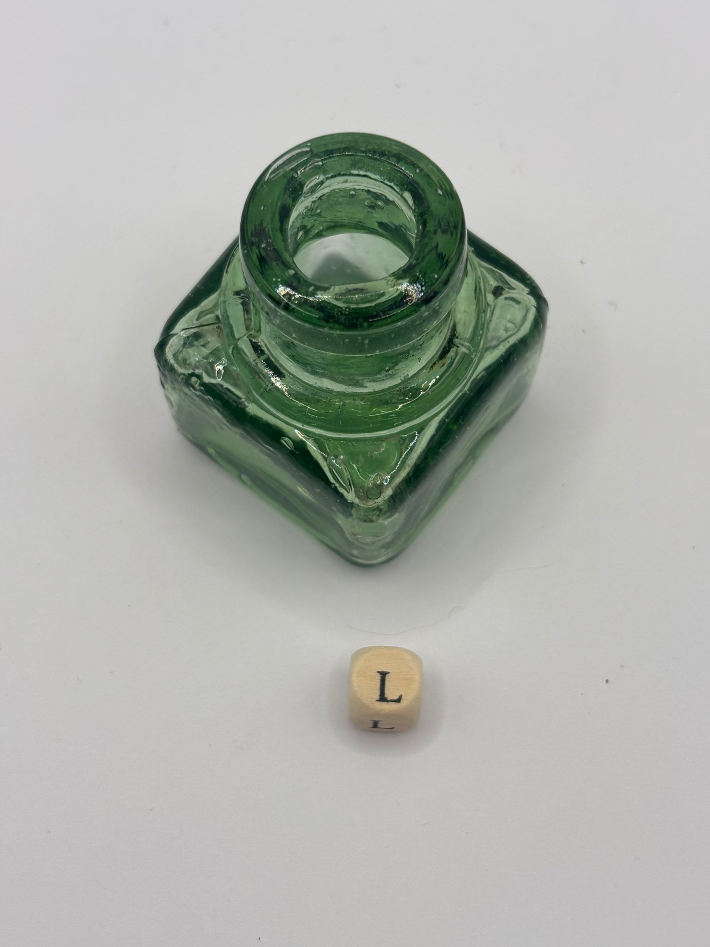 Old green glass ink bottle, inkwell (L)