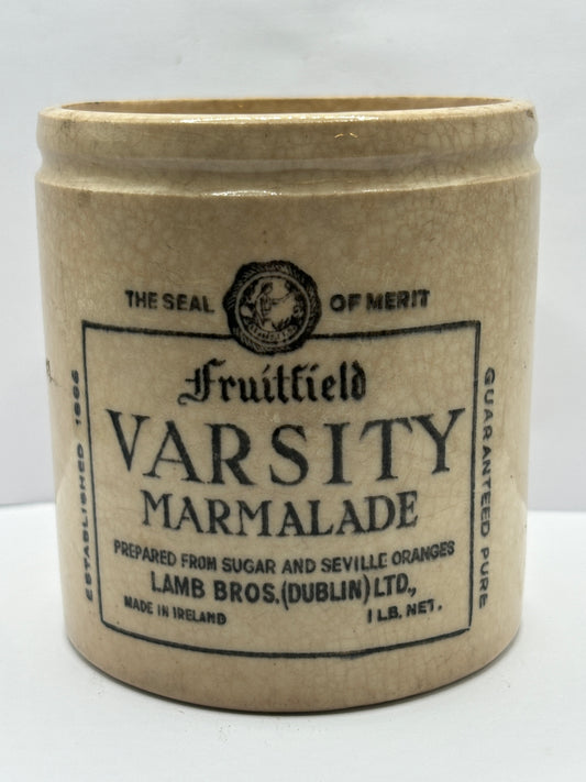 1lb Fruitfield Varsity marmalade pot, stained & crazed