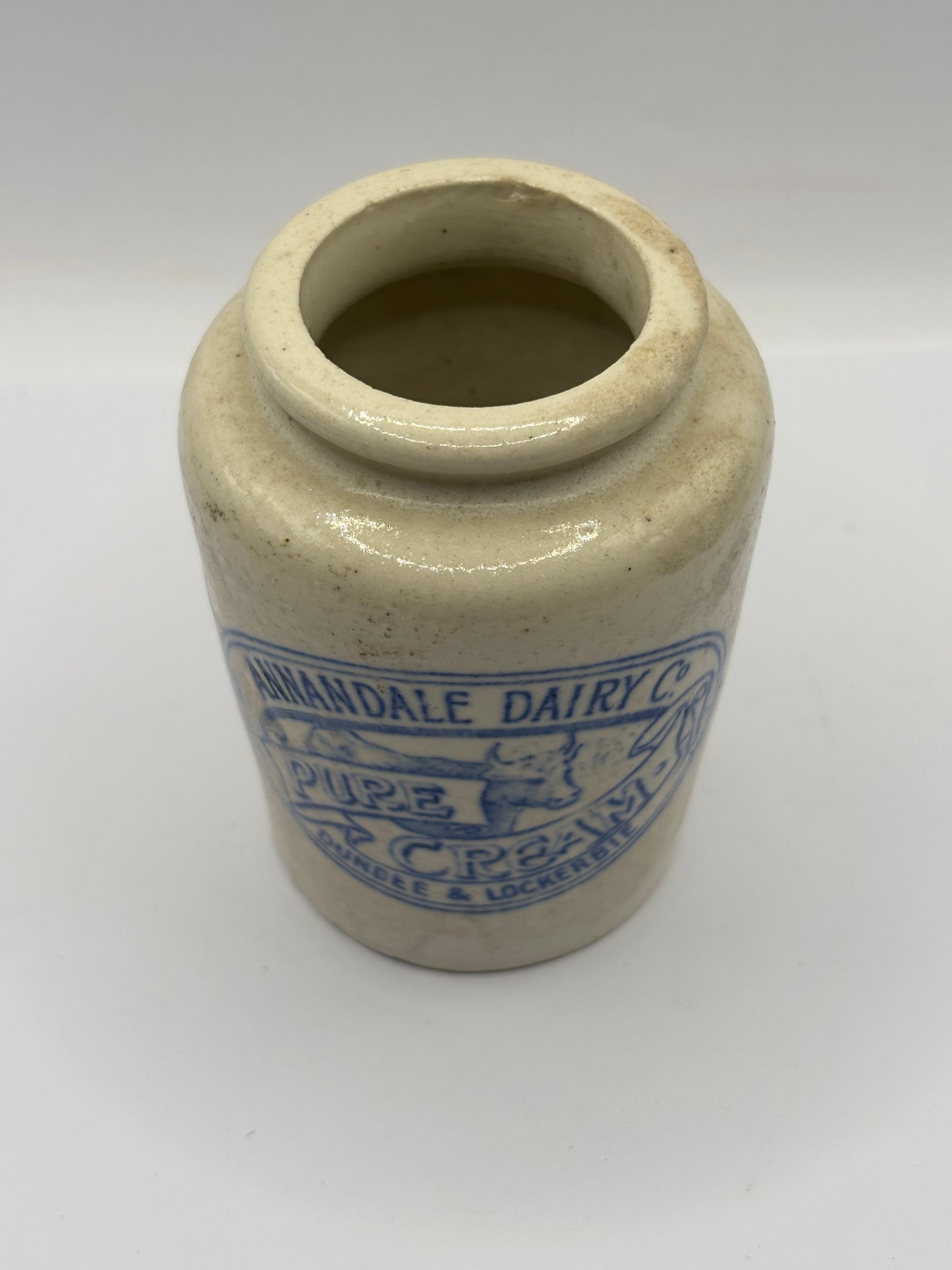 Old blue print advertising cream pot, Annandale dairy. Pure cream
