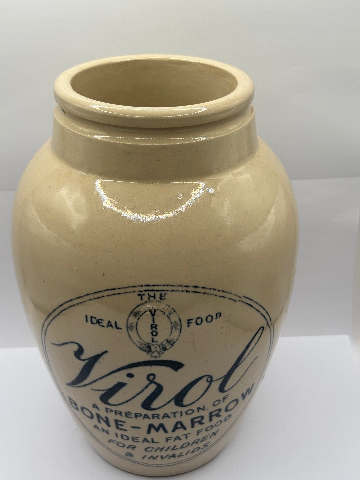 Old large 9 inch stoneware advertising Virol jar