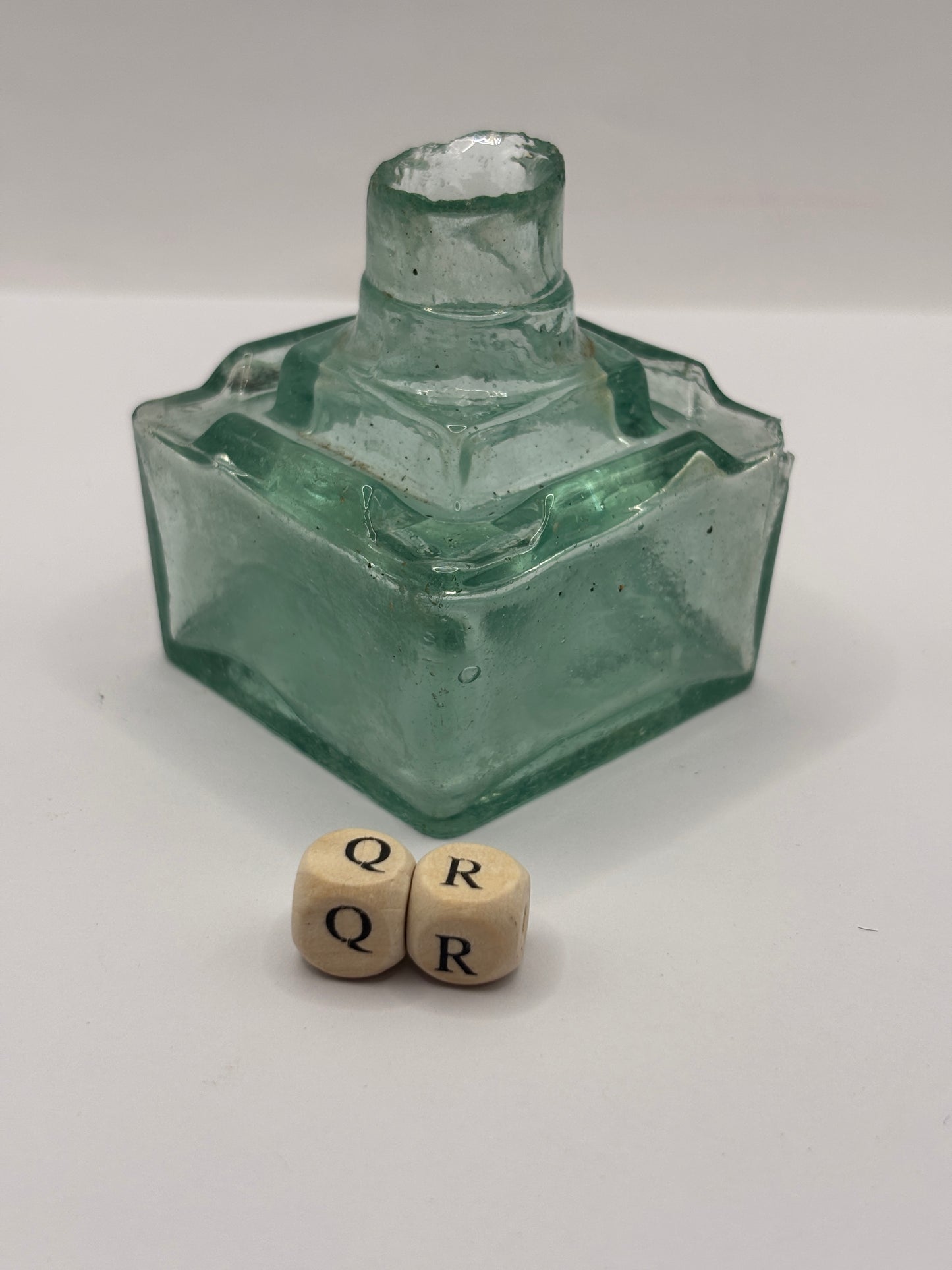 Old aqua glass inkwell (QR)
