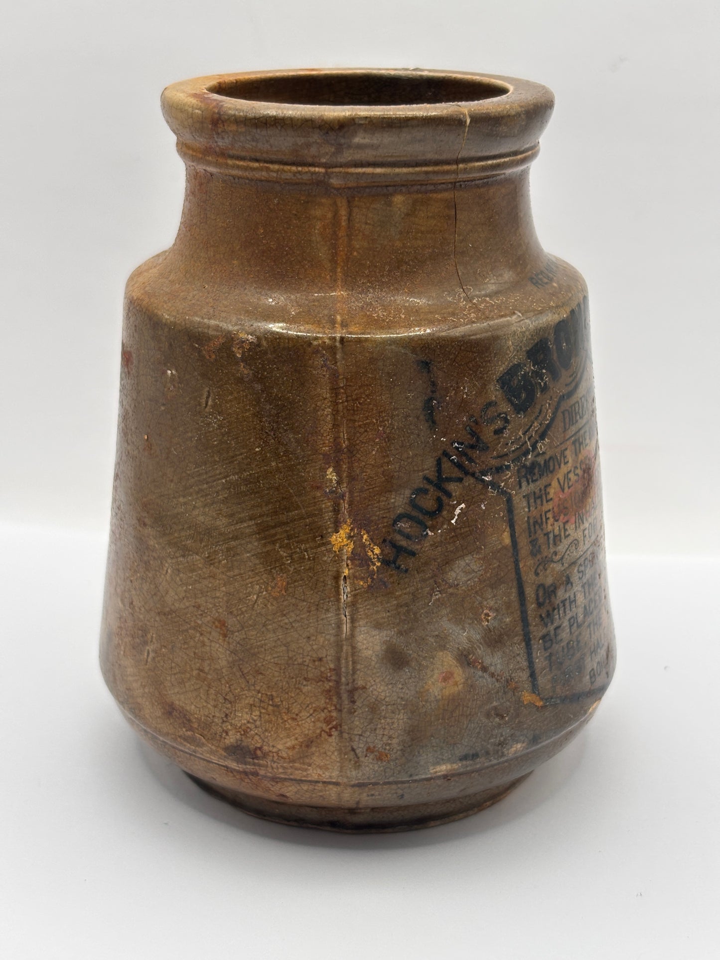 Old stoneware advertising inhaler, Hockins Bronchial inhaler