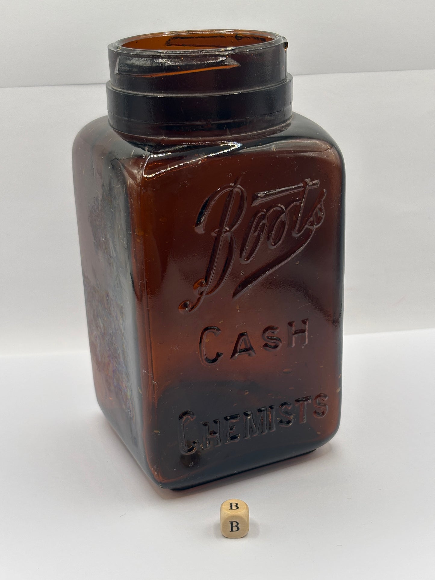 Old XL amber glass Boots cash chemists jar (B)