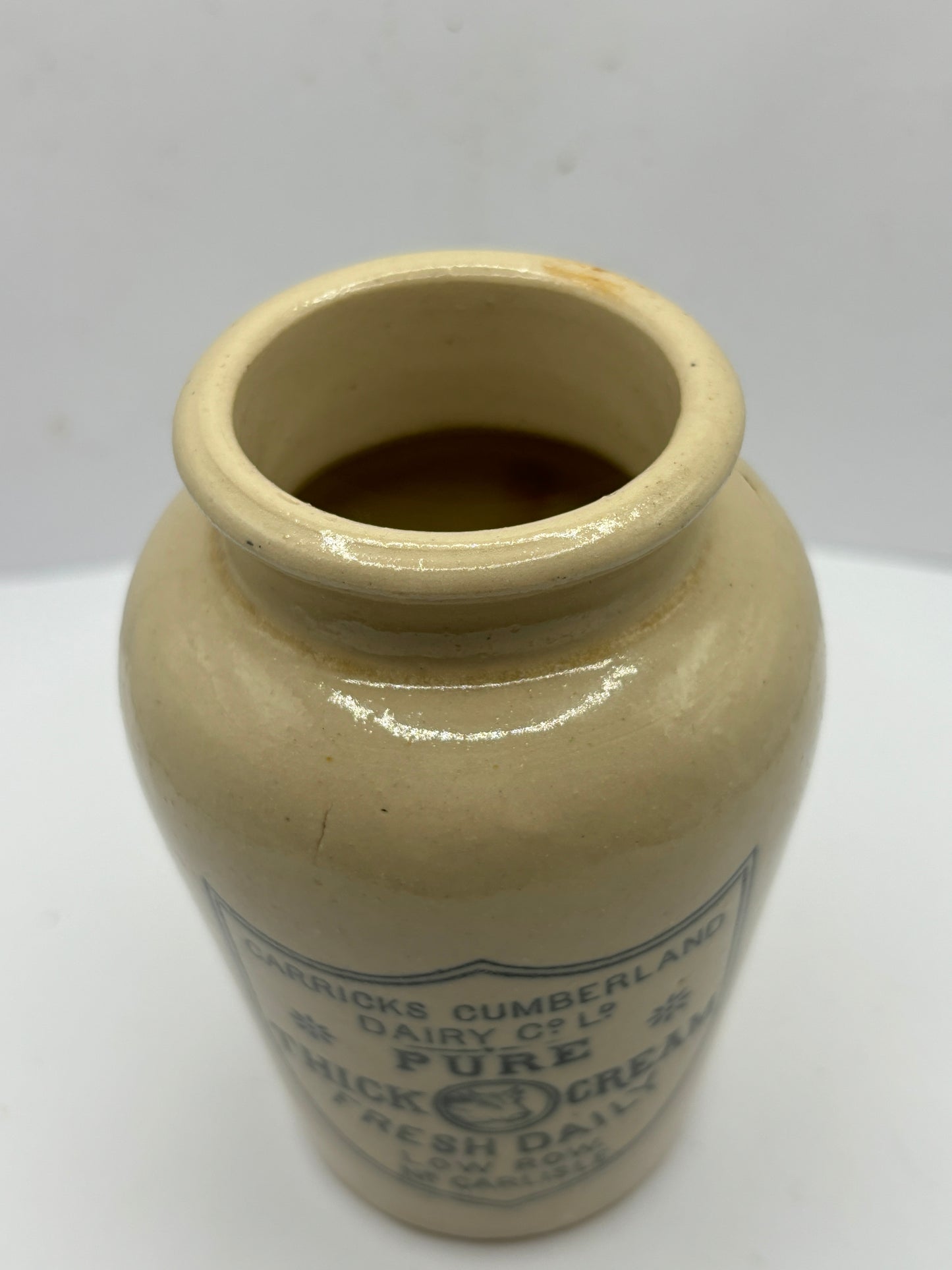 Carricks cream pot, pure rich cream. Black print