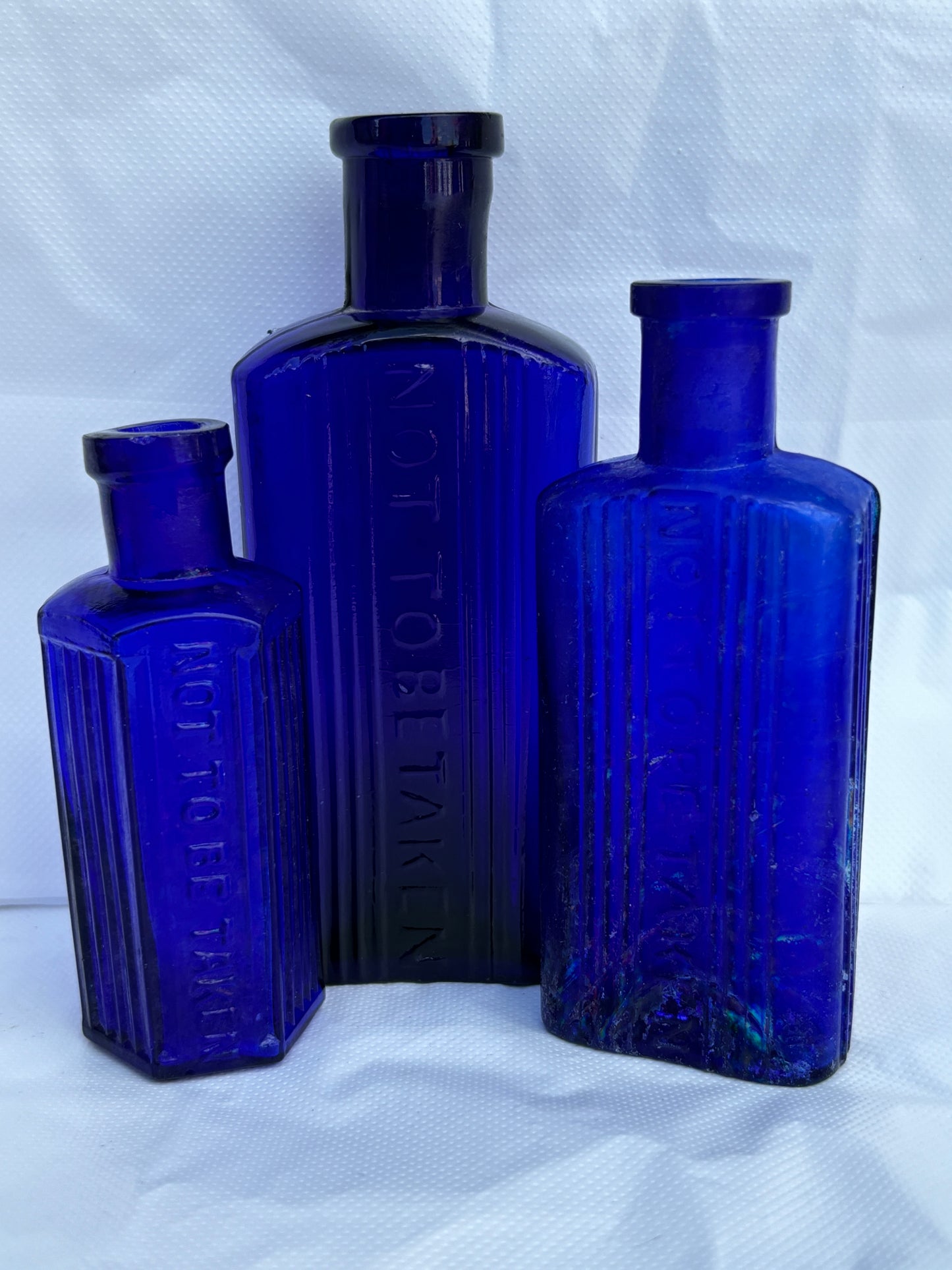 3 blue ribbed poison bottles, Not to be taken. Halloween decor