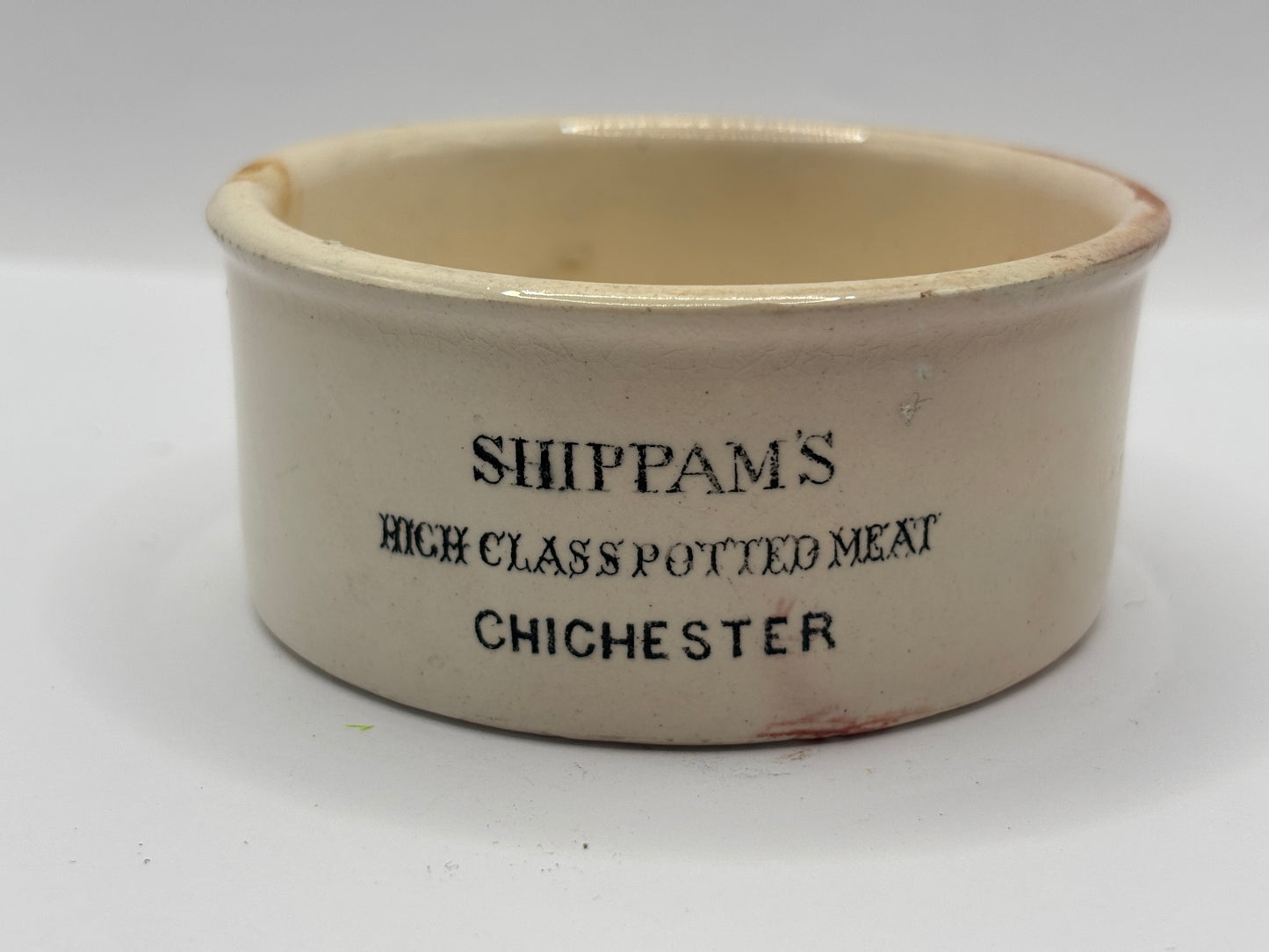 Old Shippams advertising meat paste pot, High class potted meat, Chichester