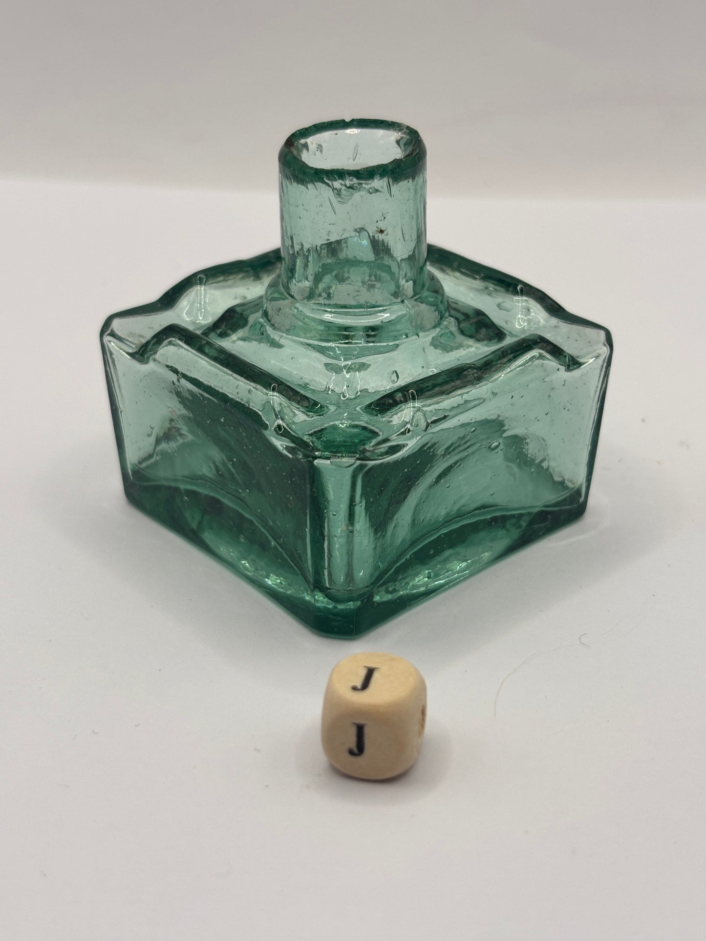 Old aqua glass inkwell, ink bottle (J)
