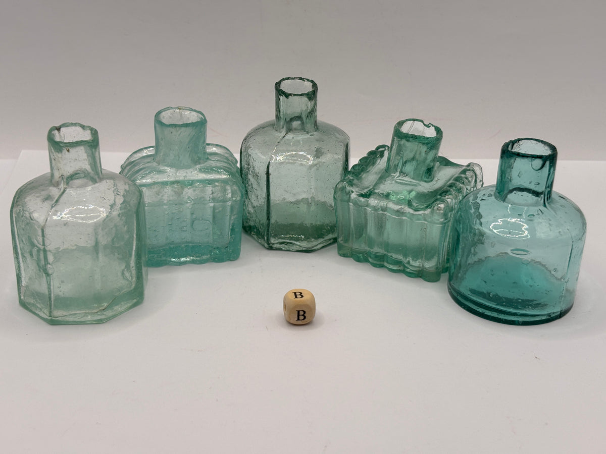 5 old aqua glass inks, inkwells, ink bottles, penny ink (B)