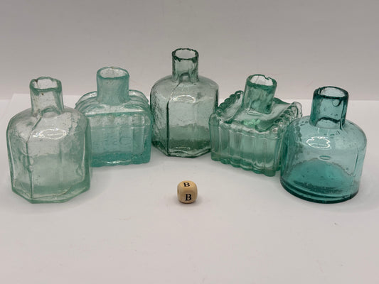 5 old aqua glass inks, inkwells, ink bottles, penny ink (B)