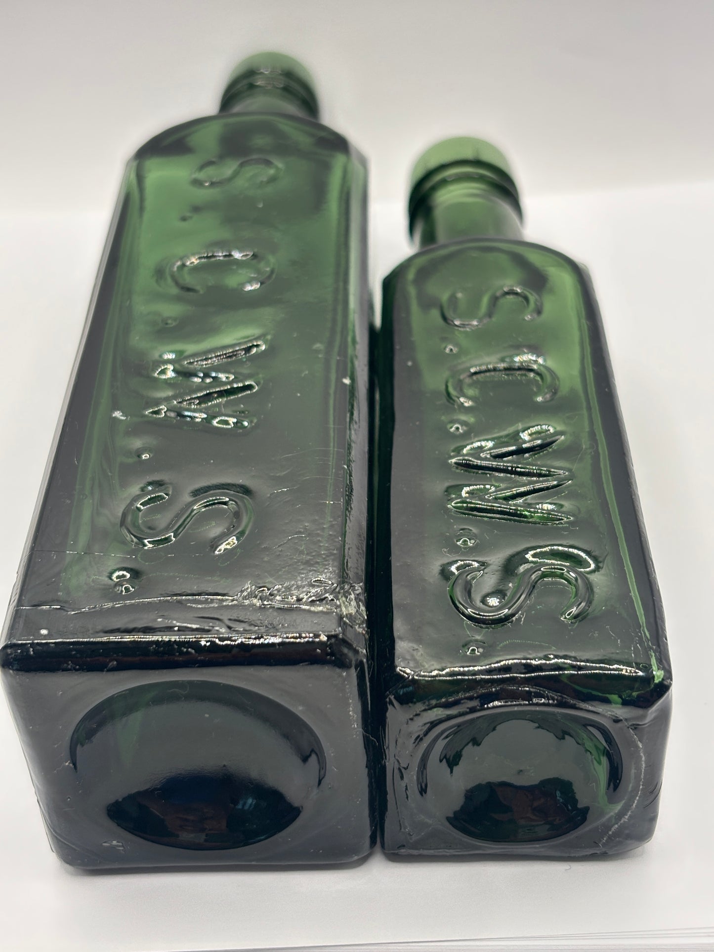 2 old dark green essence of coffee and chicory bottles