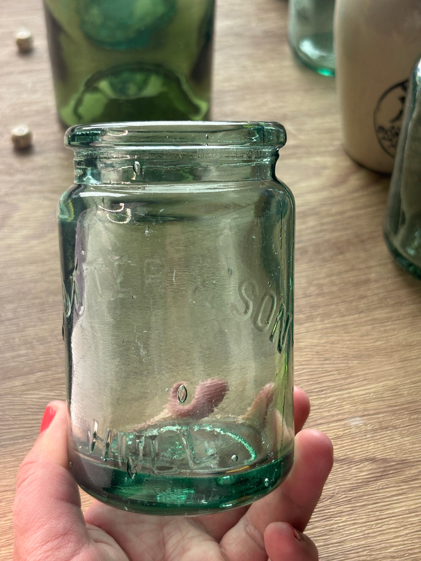 Old 1lb aqua glass advertising pickle jar (a) Scotter & son Hull