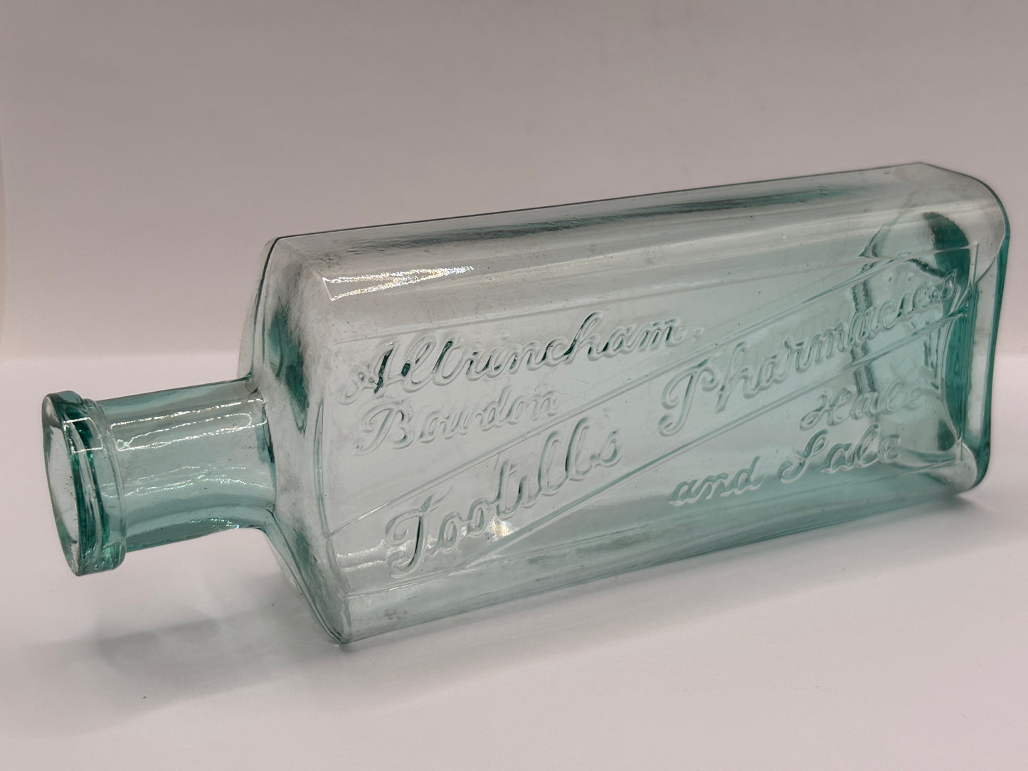 3 old aqua glass advertising chemist bottles
