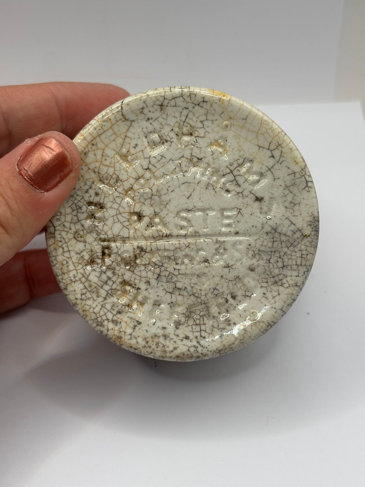 Old advertising stoneware paste pot. Needhams polishing paste