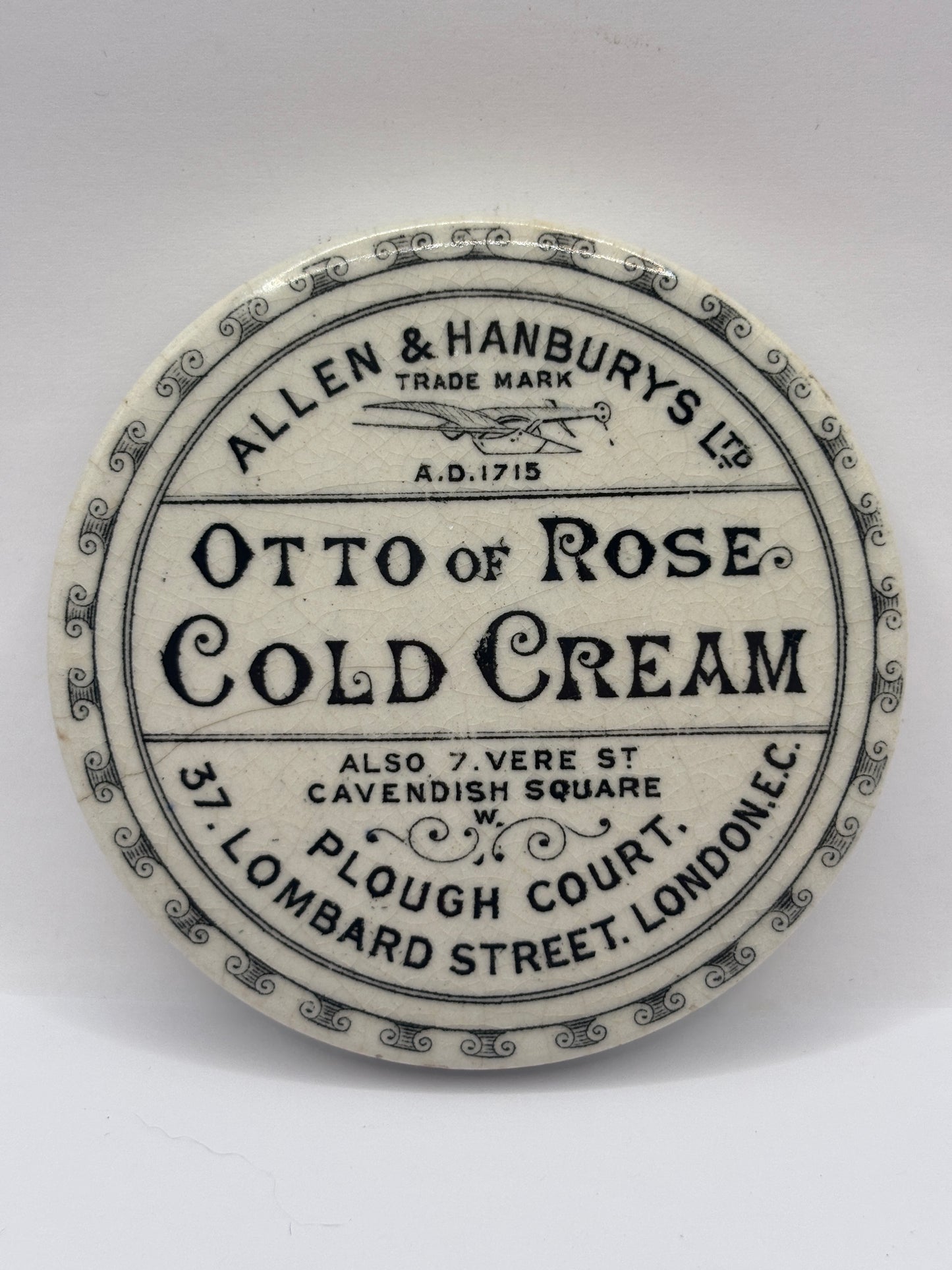 old advertising lid, Otto of rose cold cream