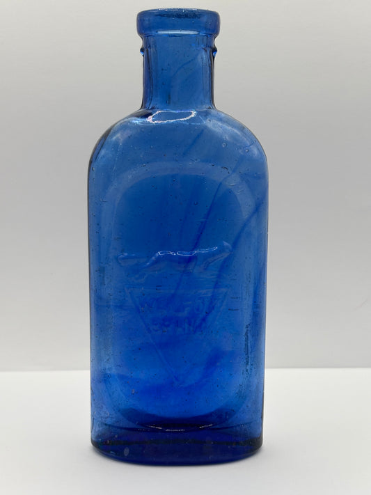 Old blue glass advertising chemist bottle, walfox brand