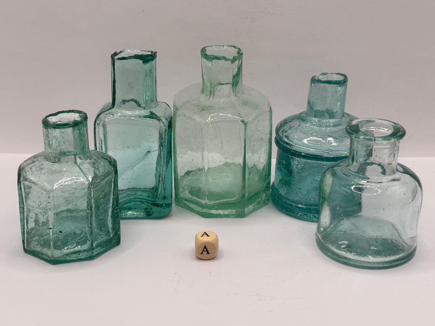 5 old aqua glass inks, inkwells, ink bottles, penny ink (a)