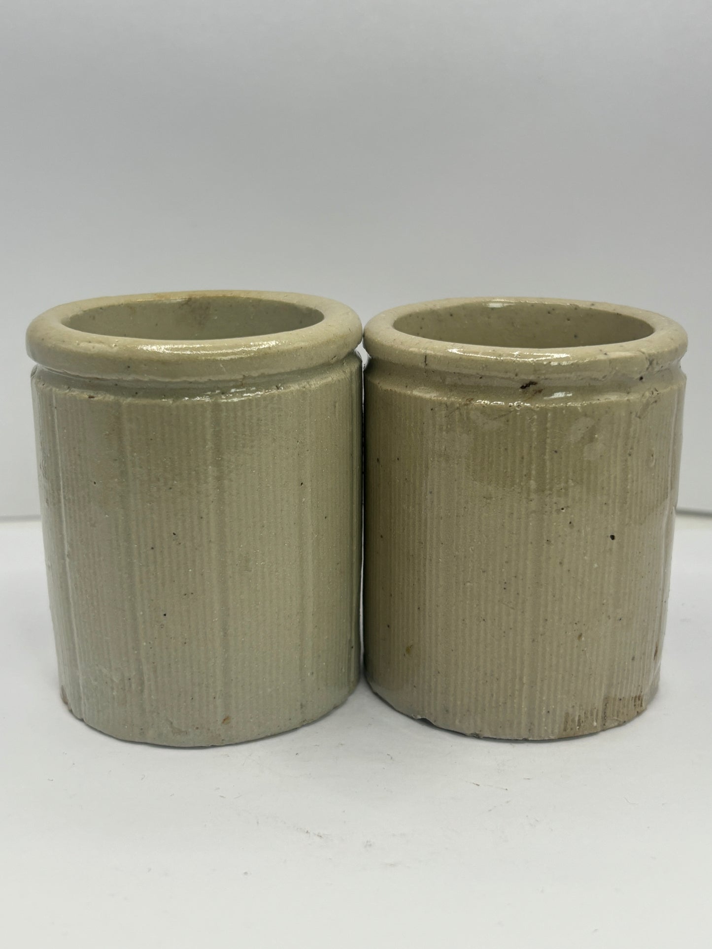 2 small old ribbed stoneware jam pots