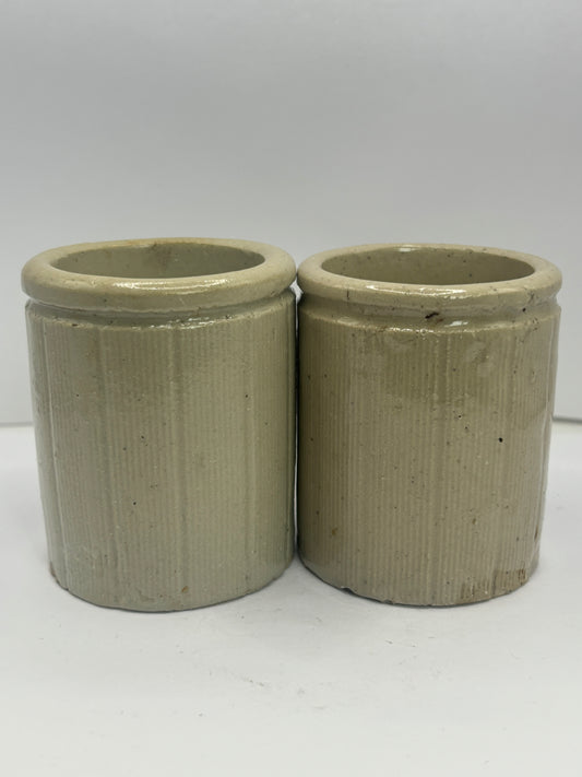 2 small old ribbed stoneware jam pots