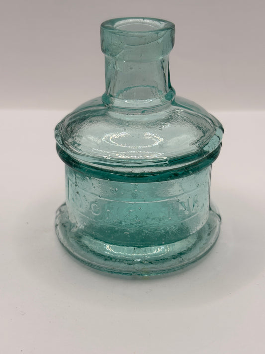 Old aqua glass advertising inkwell, ink bottle. Lyons ink