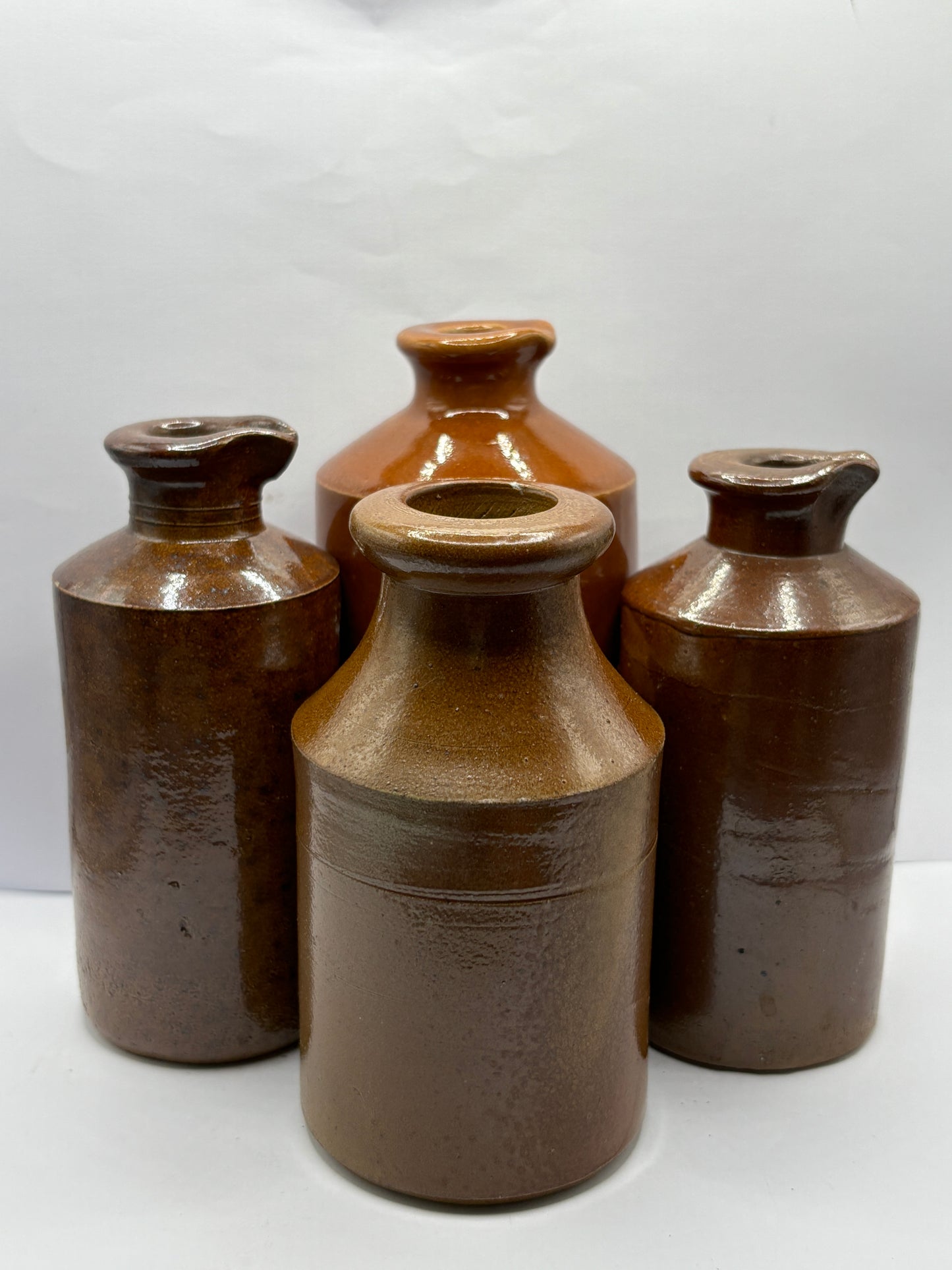 4 old brown stoneware pots