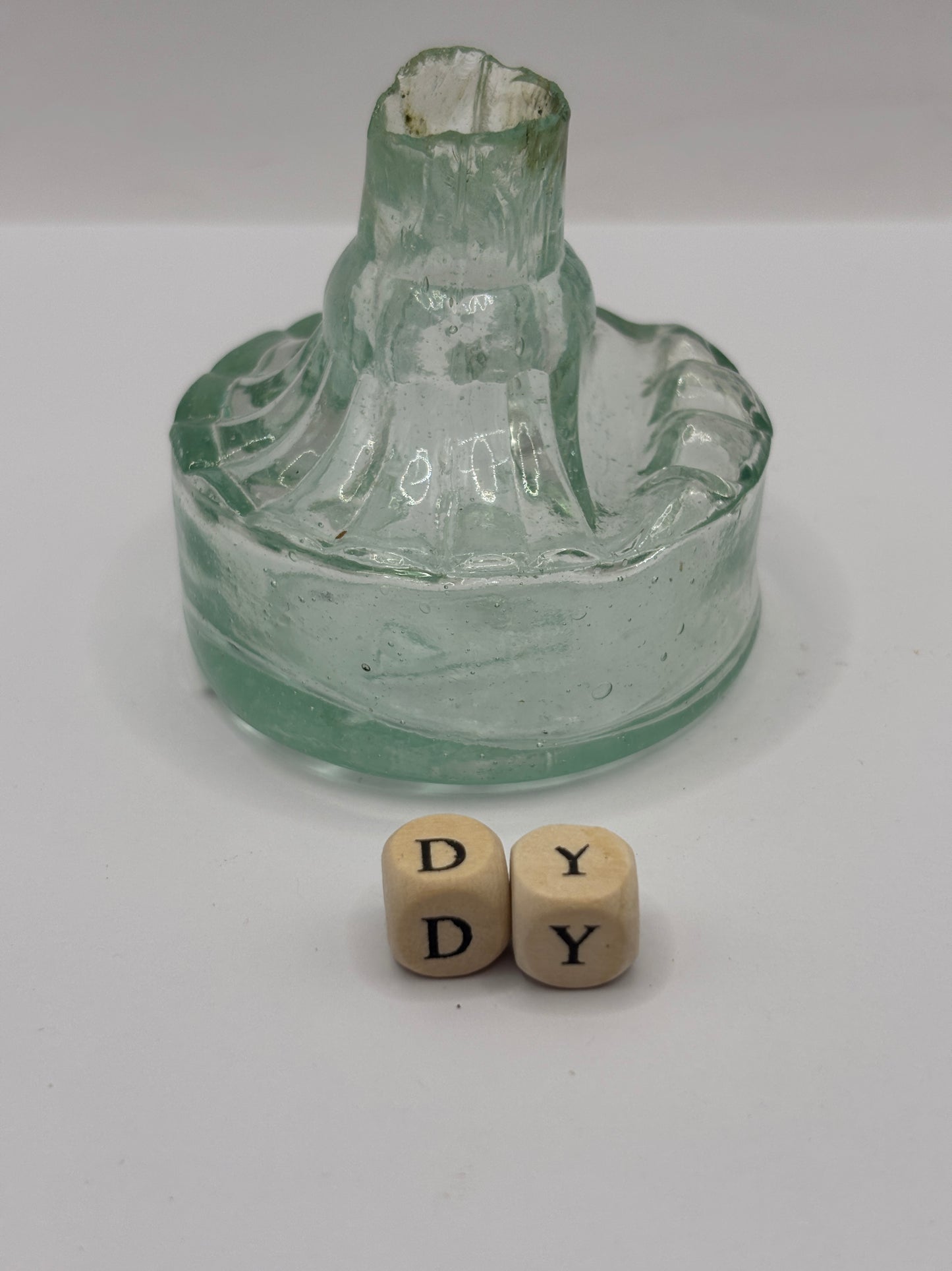 Old aqua glass tent ink, ink bottle. Inkwell (DY) diamond registration to base. Circus tent ink