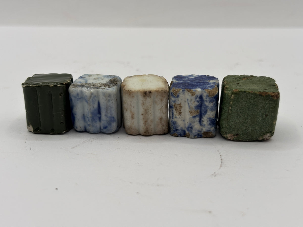 5 old small stoneware game pieces, Ally gobs, snobs, chucks