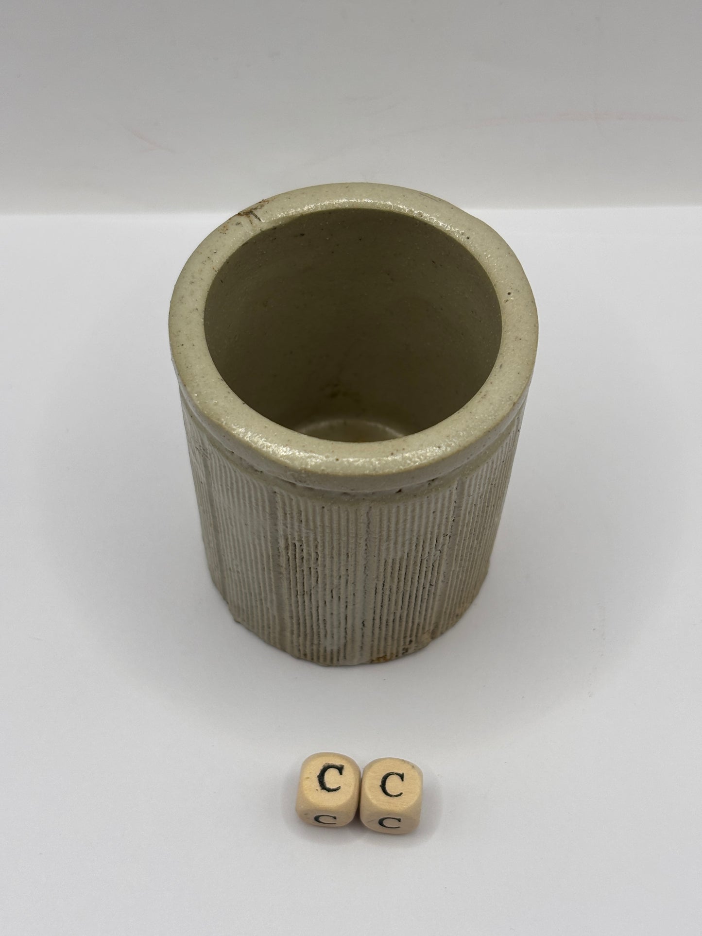 Old mini ribbed stoneware jam pot (cc)