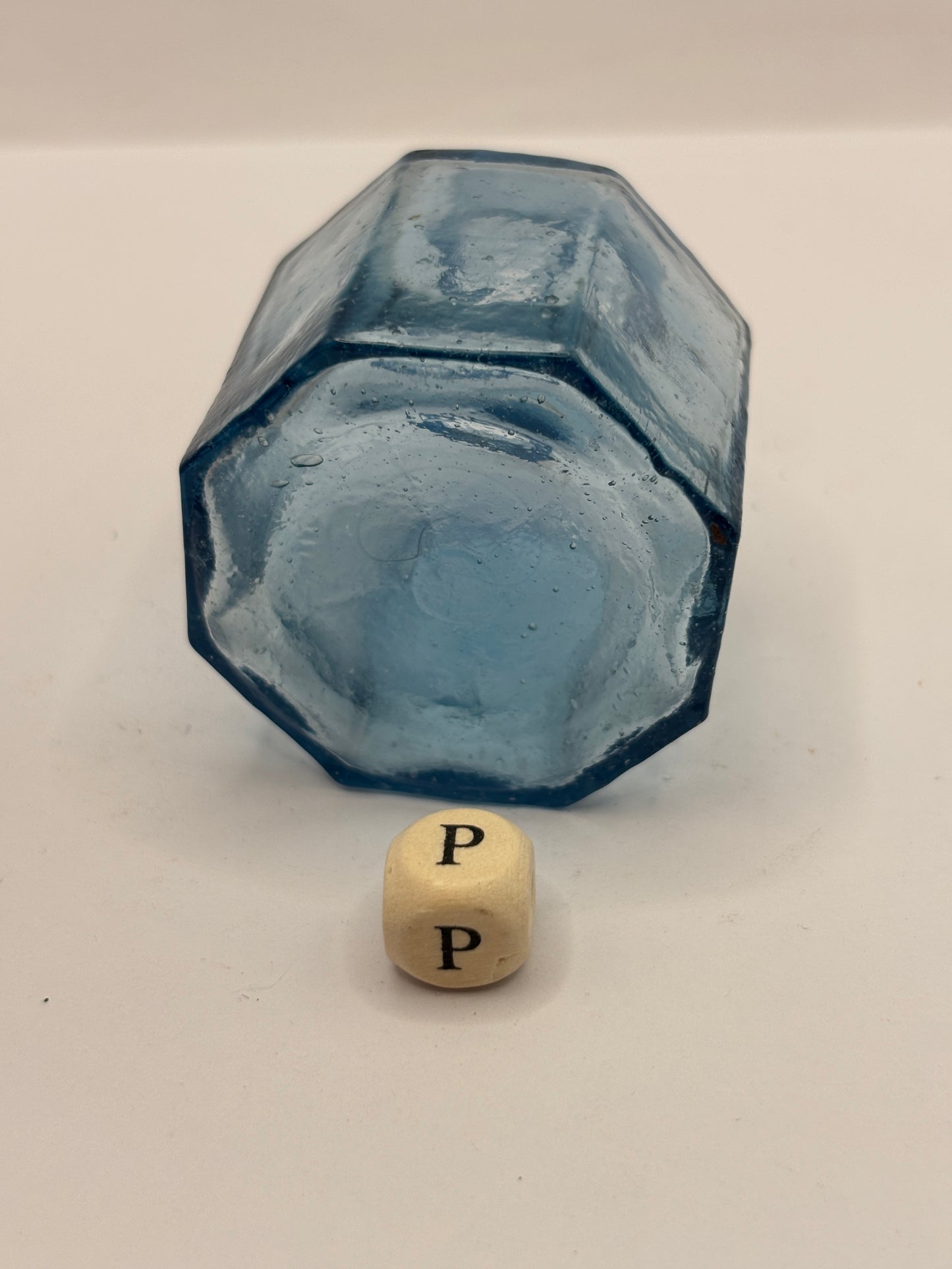 Old blue glass ink bottle, inkwell, penny ink (wp) swirls in lip