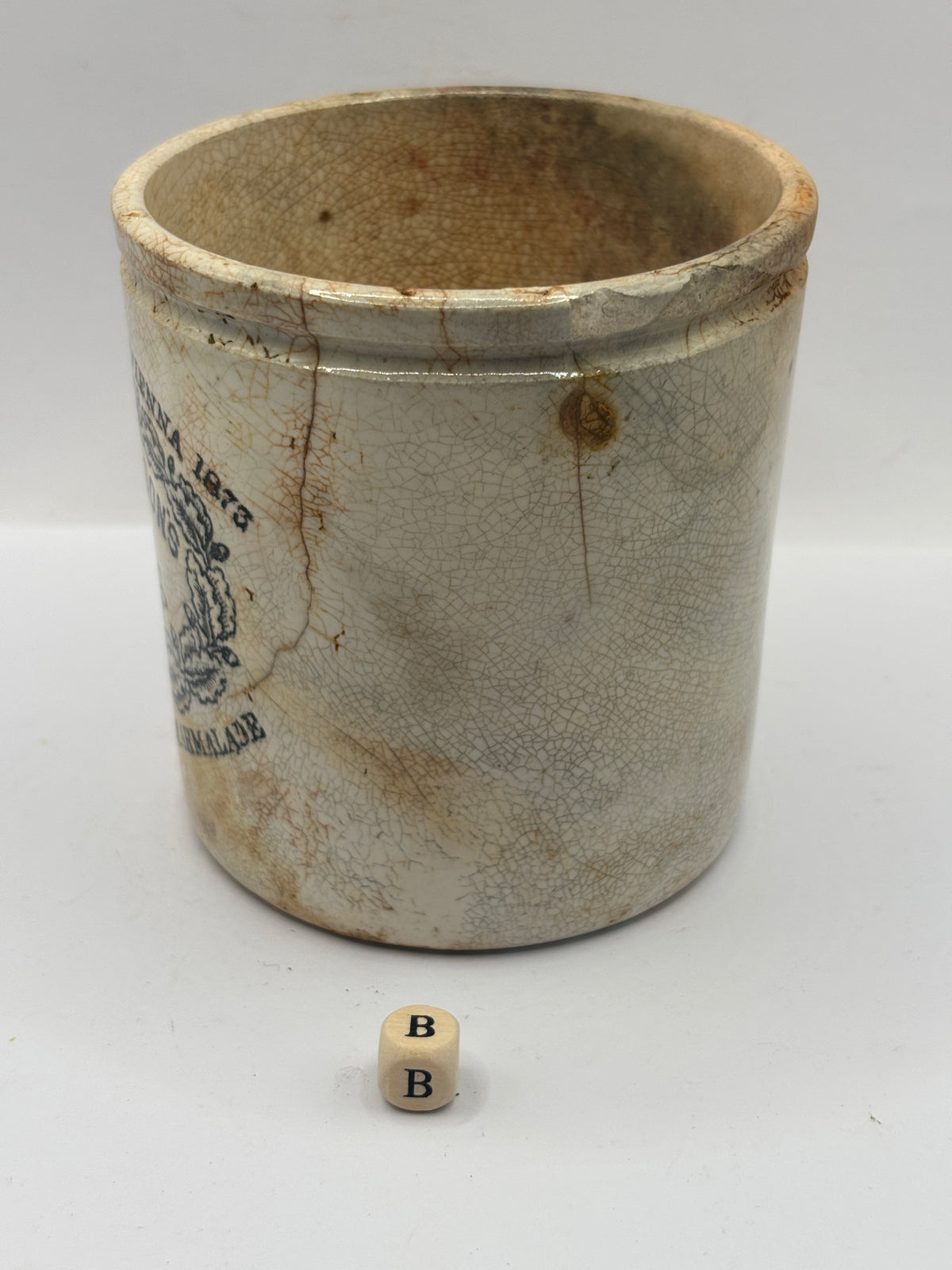 Old 1lb stoneware marmalade pot, James Keiller Dundee marmalade (B) damaged
