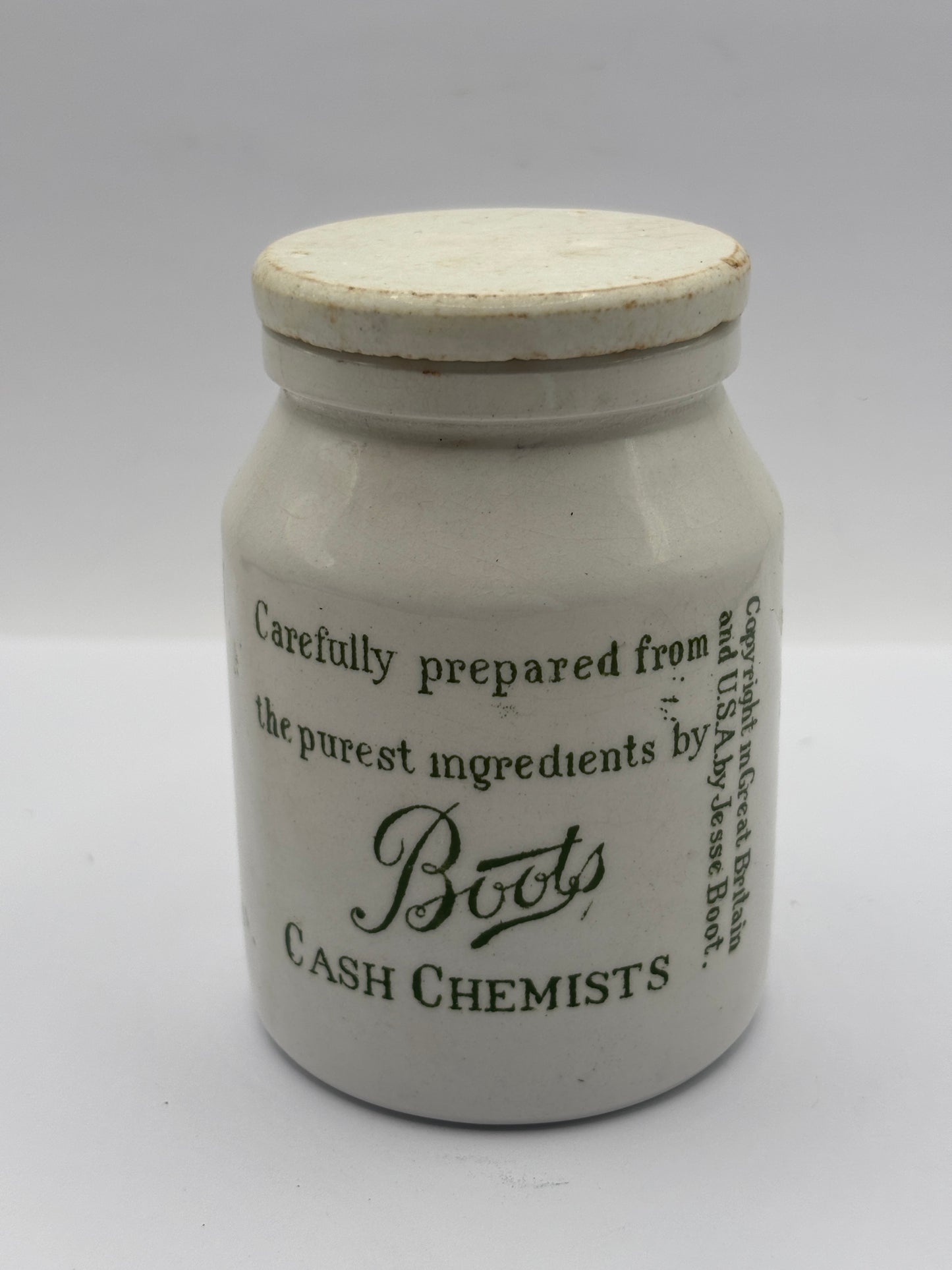 Old stoneware advertising jar and lid, Boots confection of senna