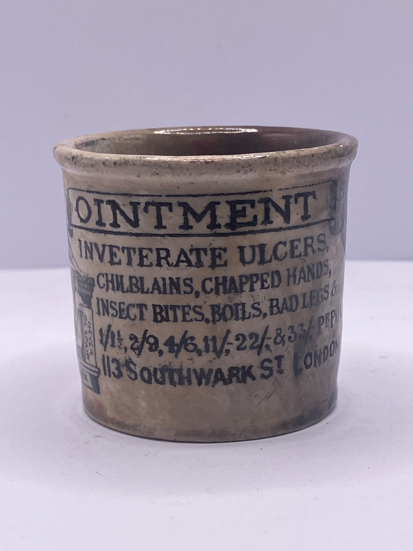 Large size super stained Holloway’s advertising ointment pot